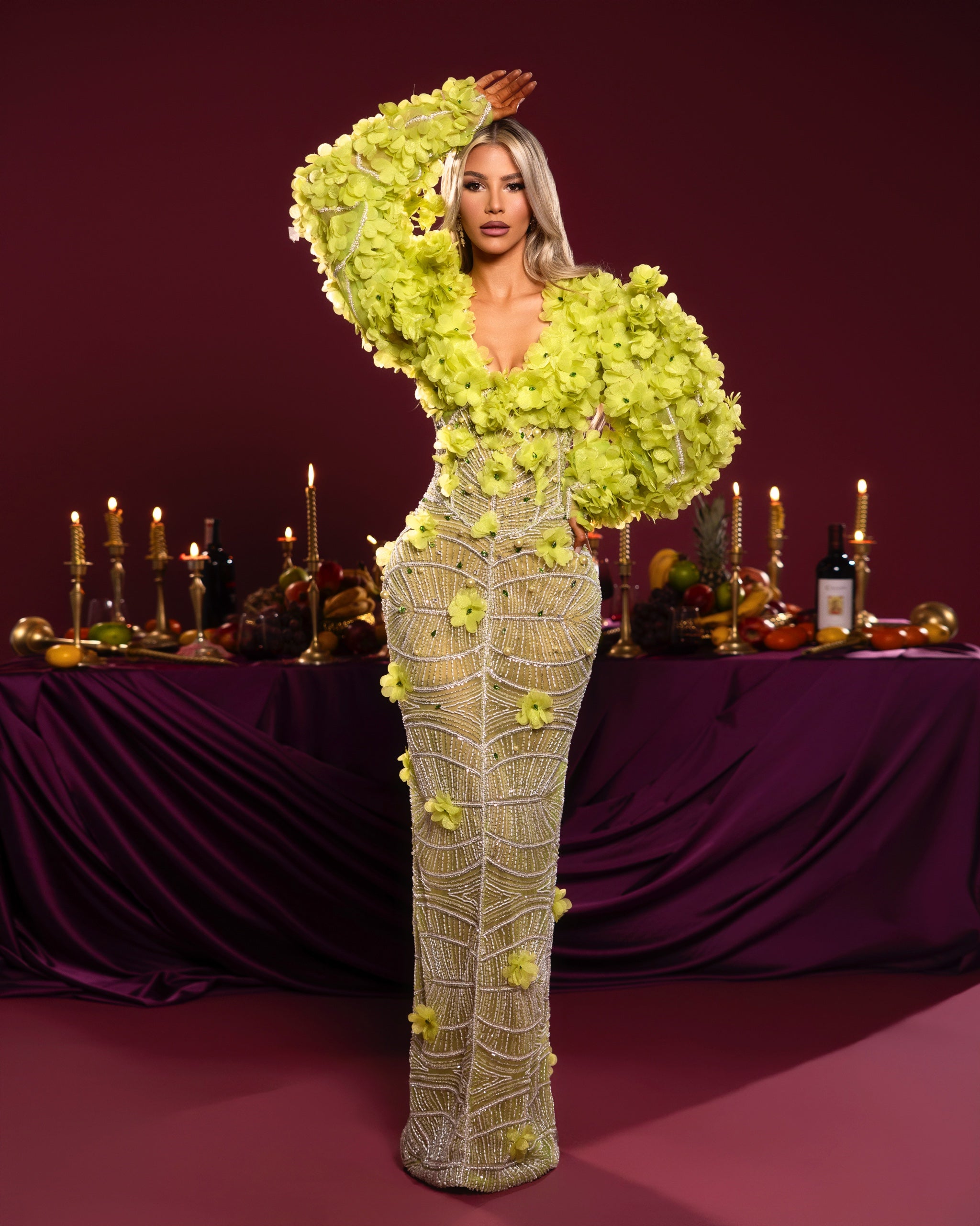 Neon Yellow Floral Embellished Gown S