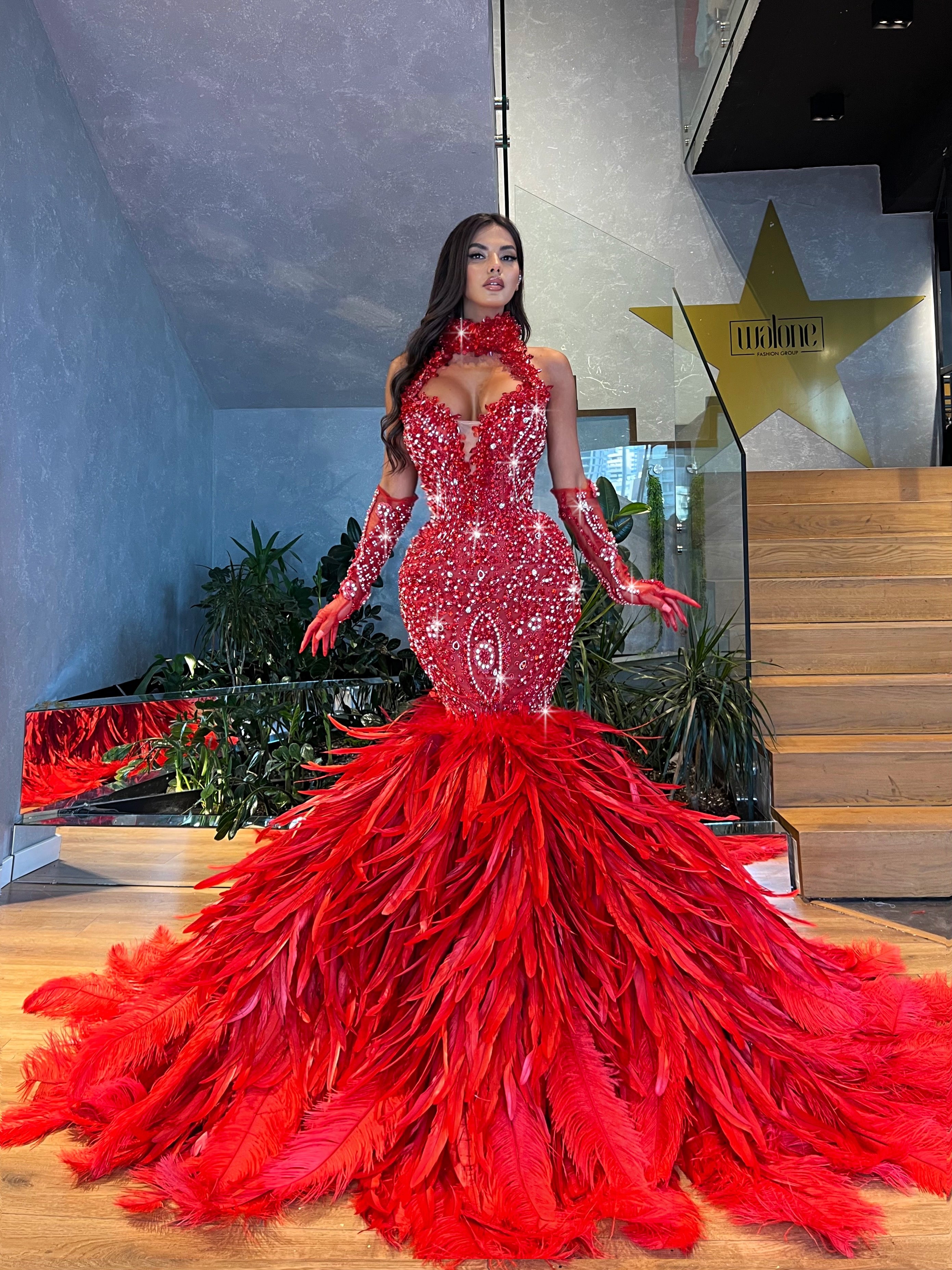 Halter Mermaid Crystal Dress with Feathered Train & Gloves S Halter Mermaid Crystal Dress with Feathered Train & Gloves S