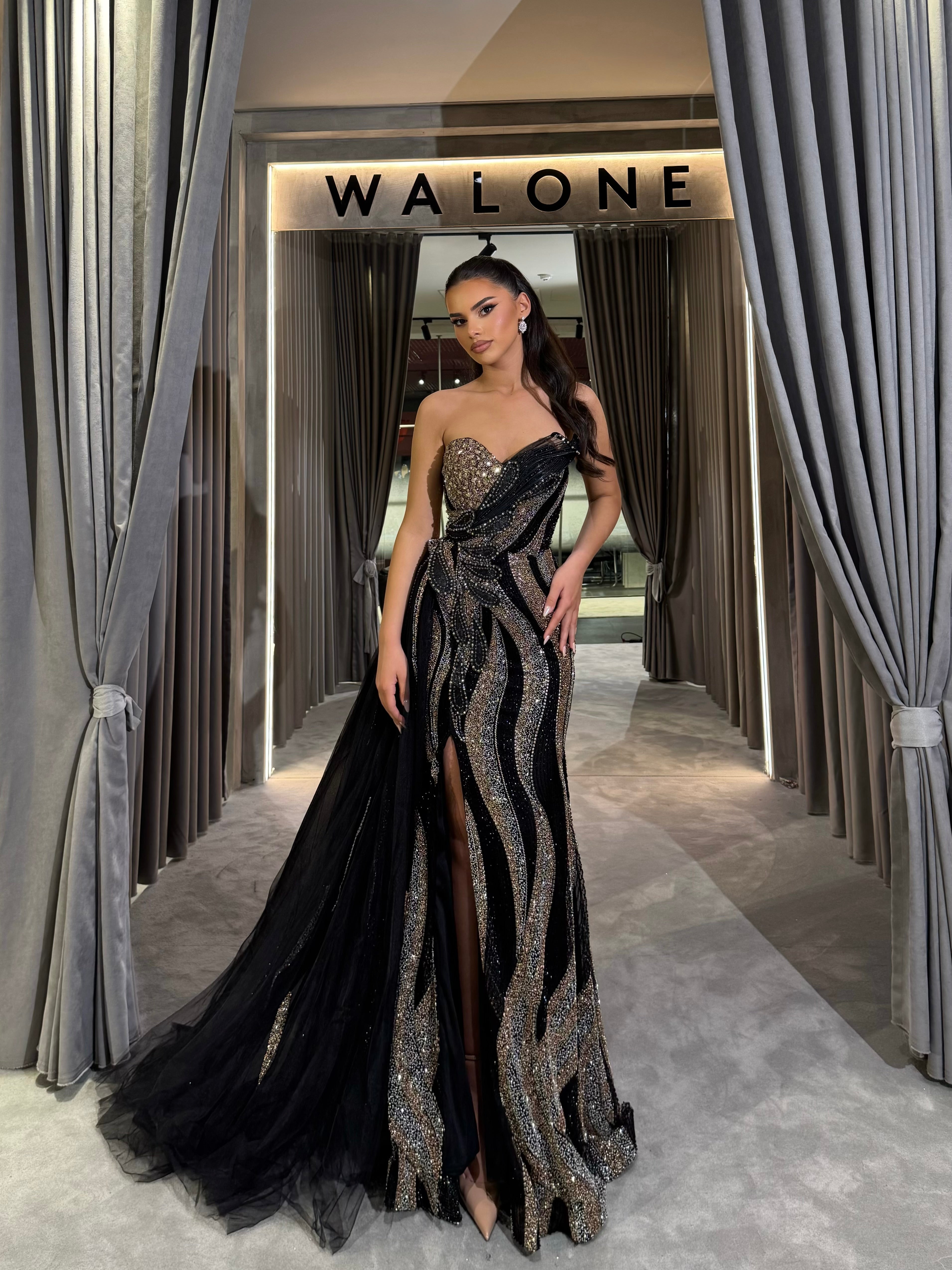 knee length dresses for ladies Long Dress with Metallic Wave Embroidery and Side Slit – Walone LLC