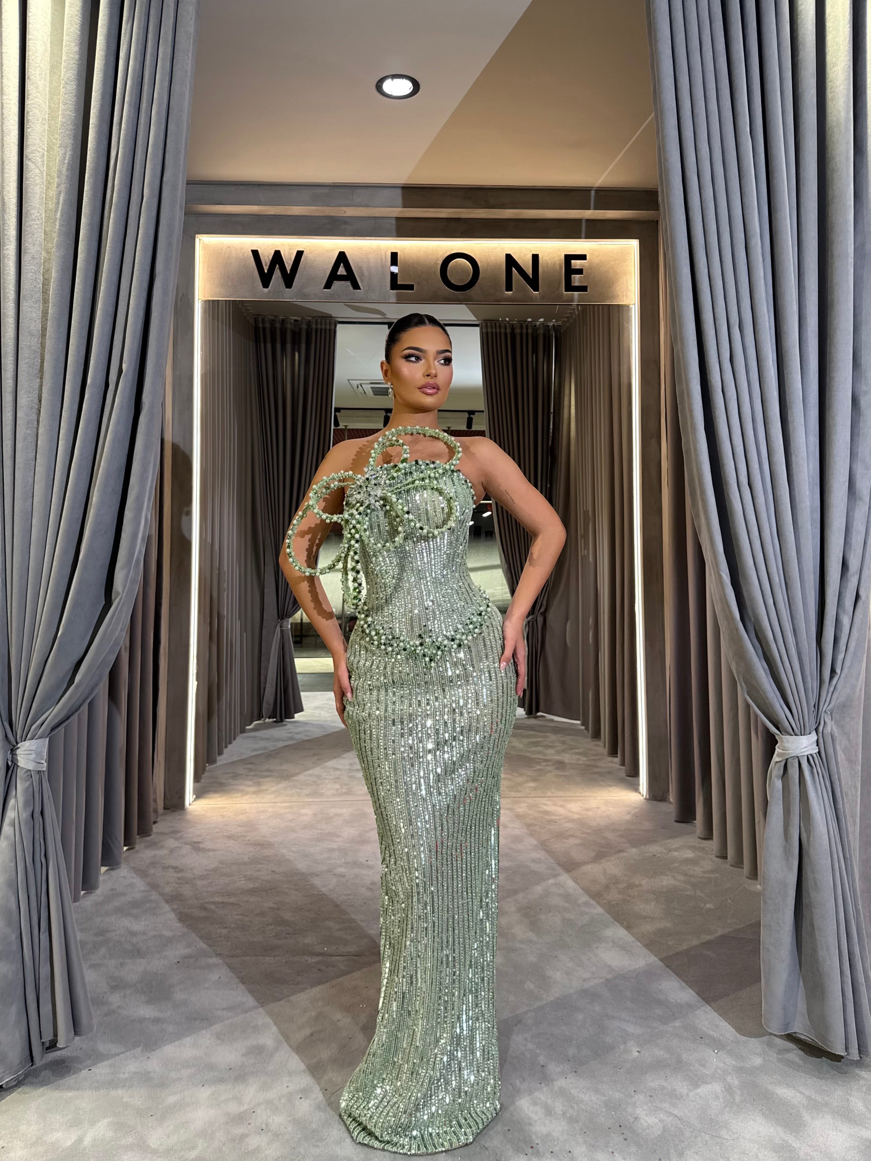 Sage Crystal Bow Gown S