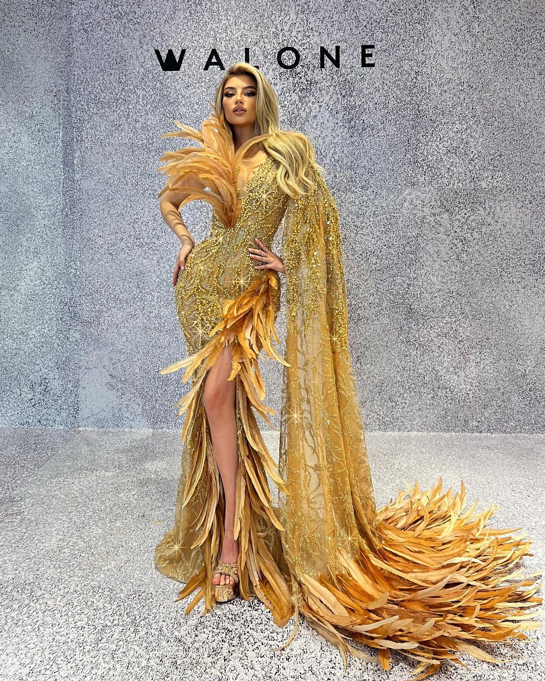gold dress feathers Natalia Long Sleeve Embellished Feather Dress (More Colors) main image 1