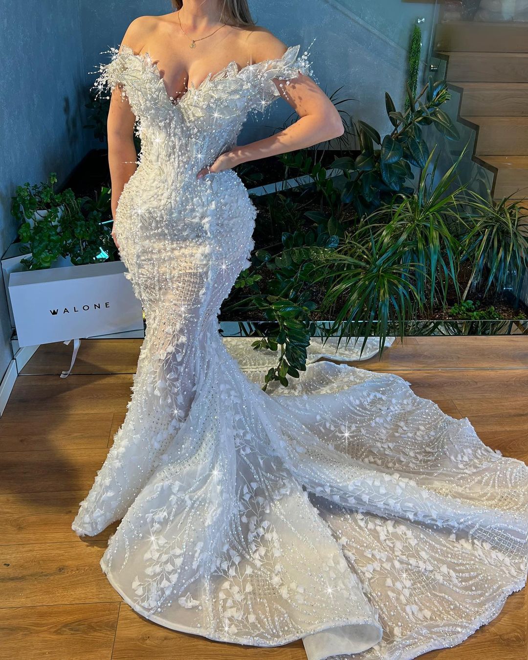 Mermaid Pearl Embroidered Bridal Dress with 3d Leaf Details Walone LLC Mermaid Pearl Embroidered Bridal Dress with 3d Leaf Details Walone LLC