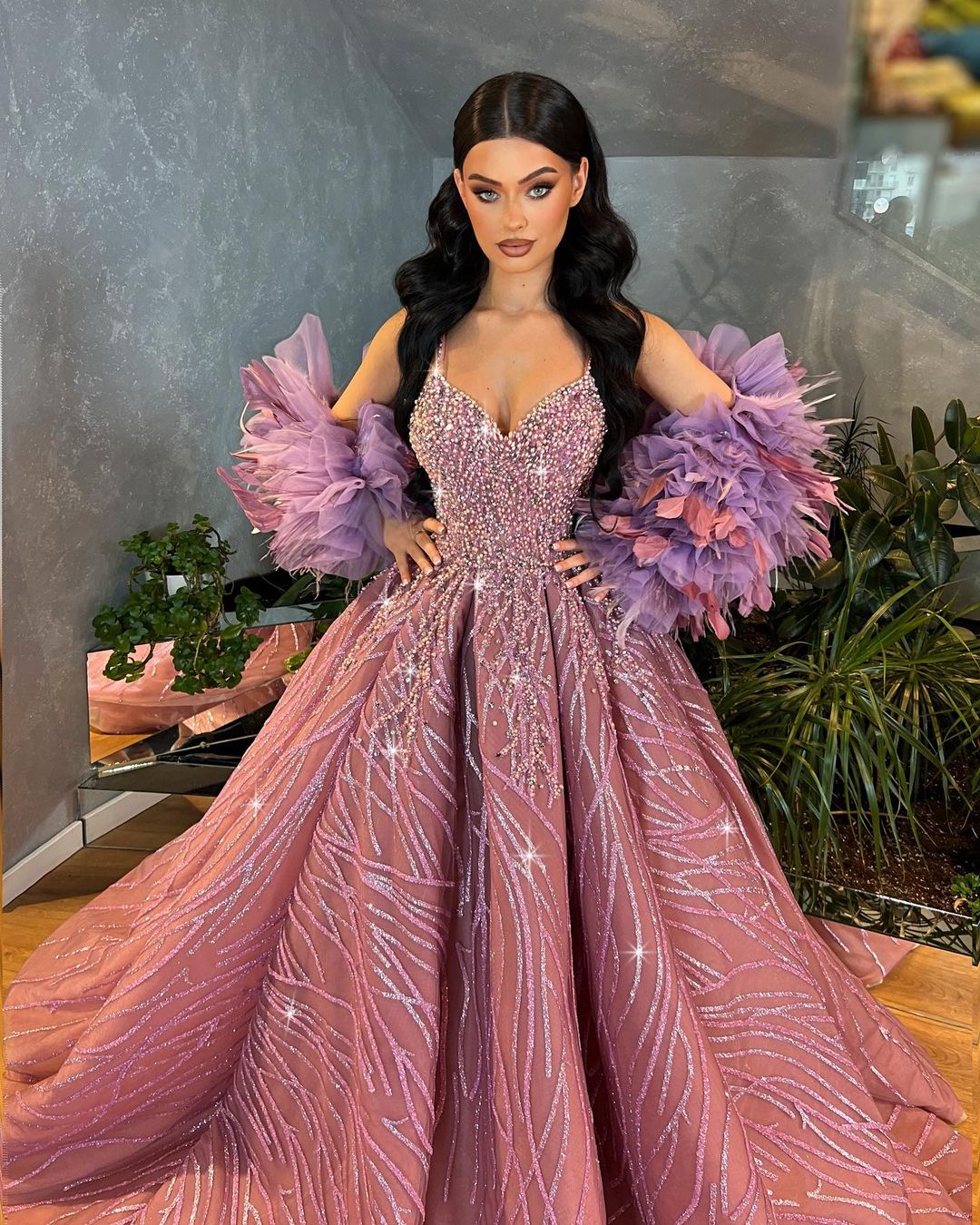 Pink Shimmering Ball Gown with Short Feathered Cape M