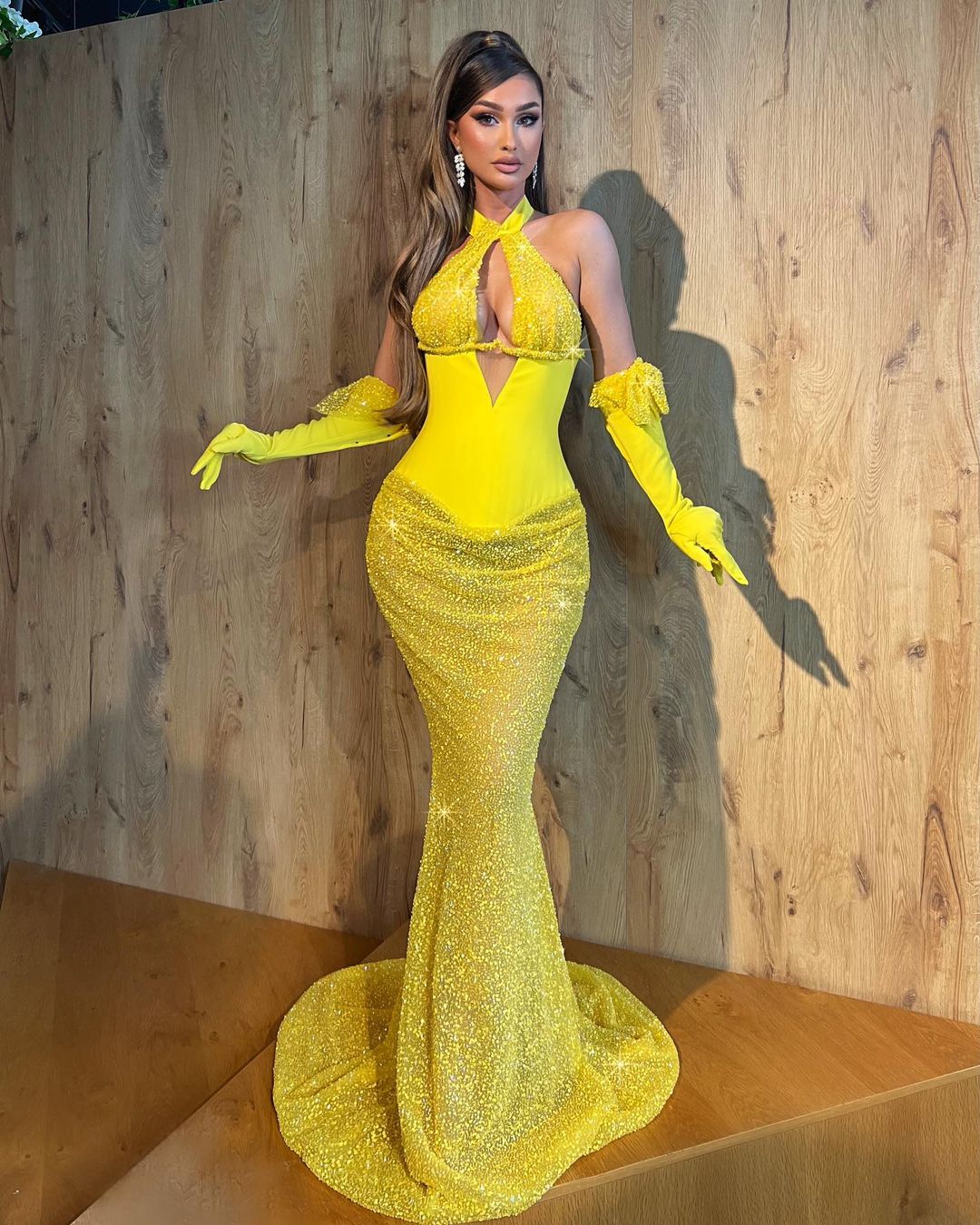 Yellow Halter Beaded Dress with Gloves XL Yellow Halter Beaded Dress with Gloves XL