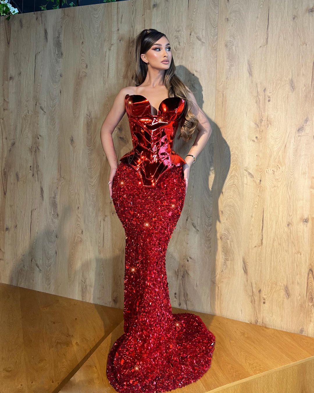 fitted lace wedding dress Strapless Embellished Dress with Metallic Red Corset Xs
