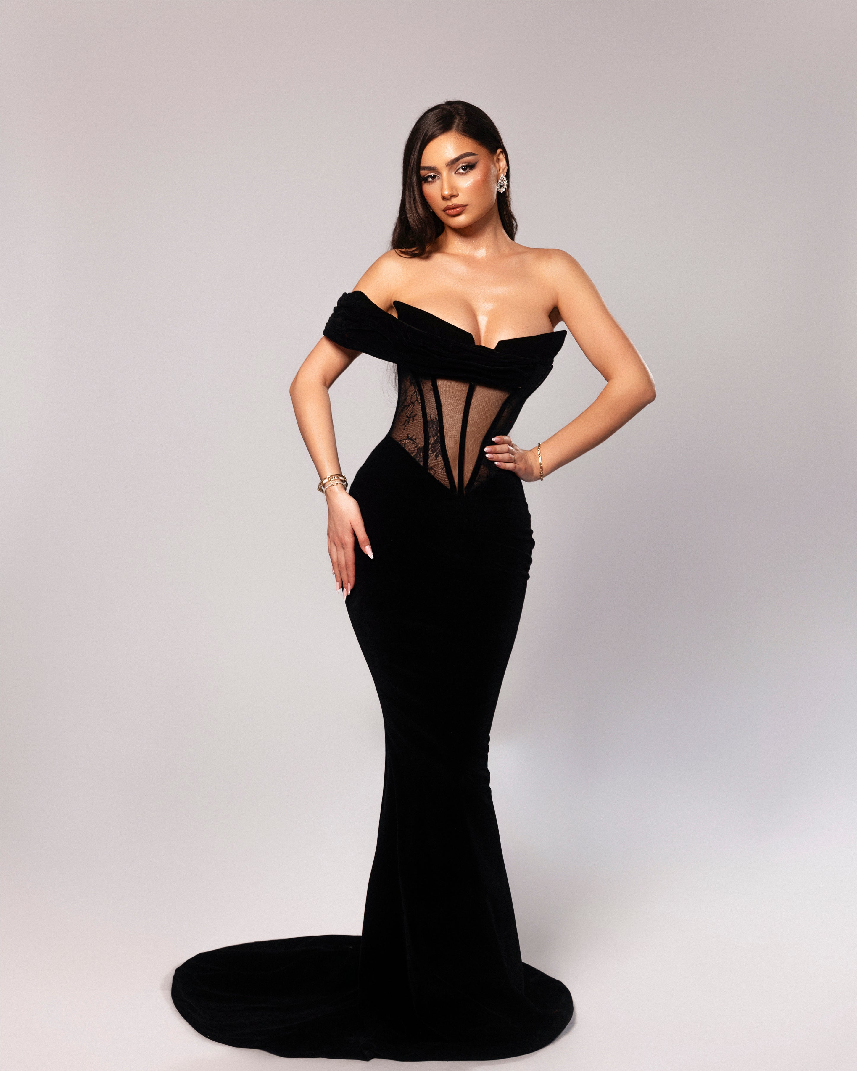 Olive Velvet Gown With Sheer Sleeves
