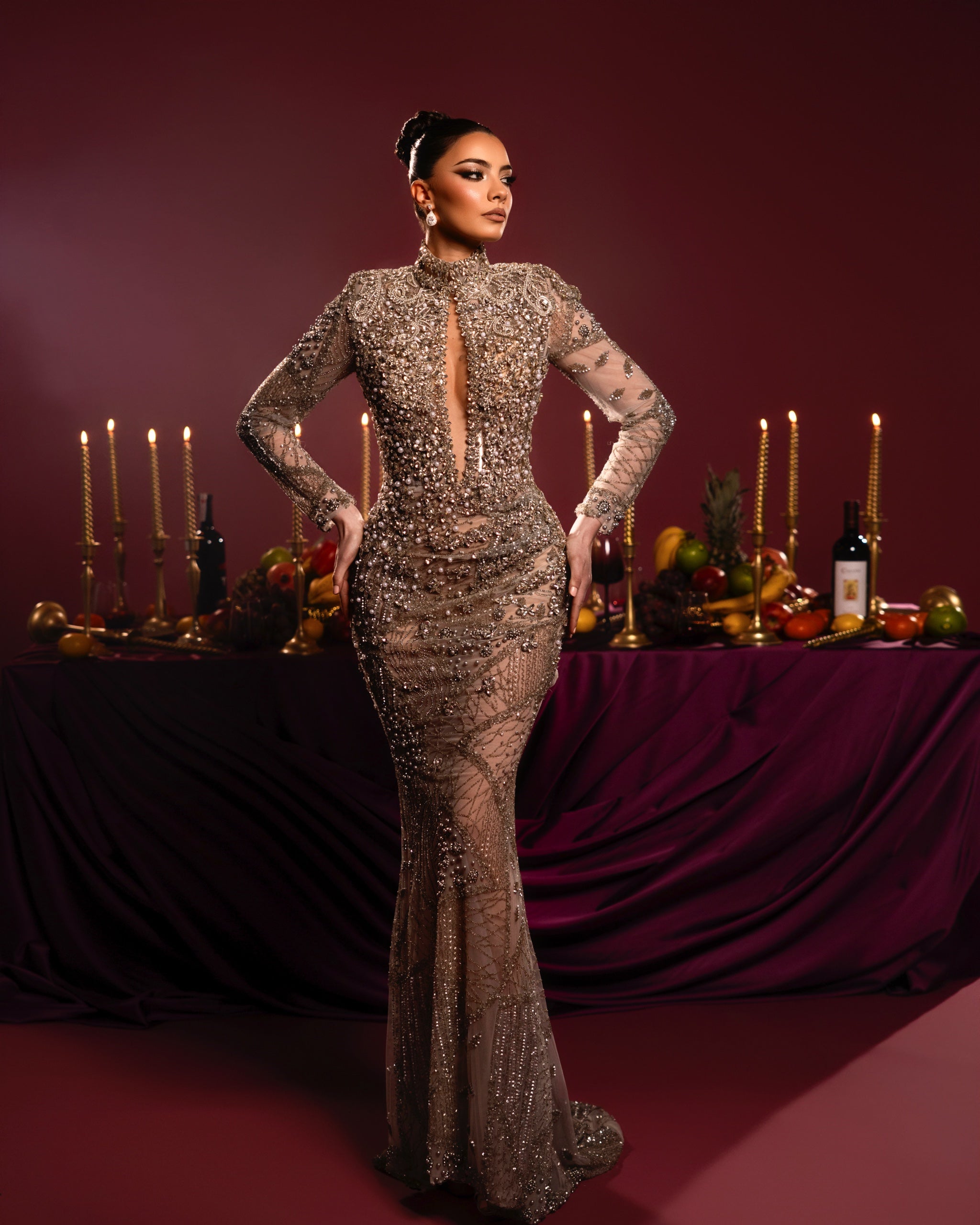high neck embellished maxi dress High Neck Embellished Gown L