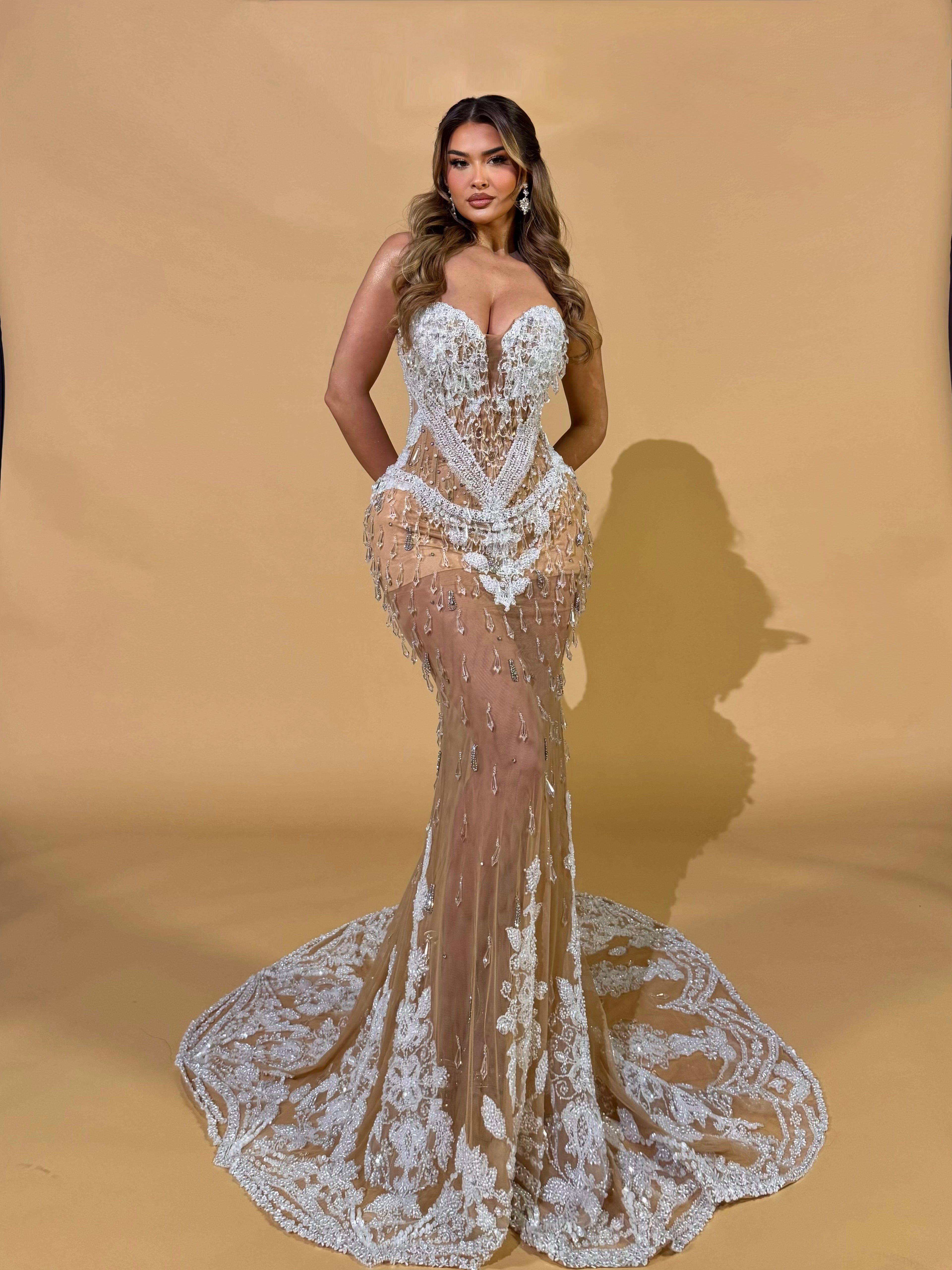 Nude Gown with 3D Lace and Crystal Embellishments  Walone LLC
