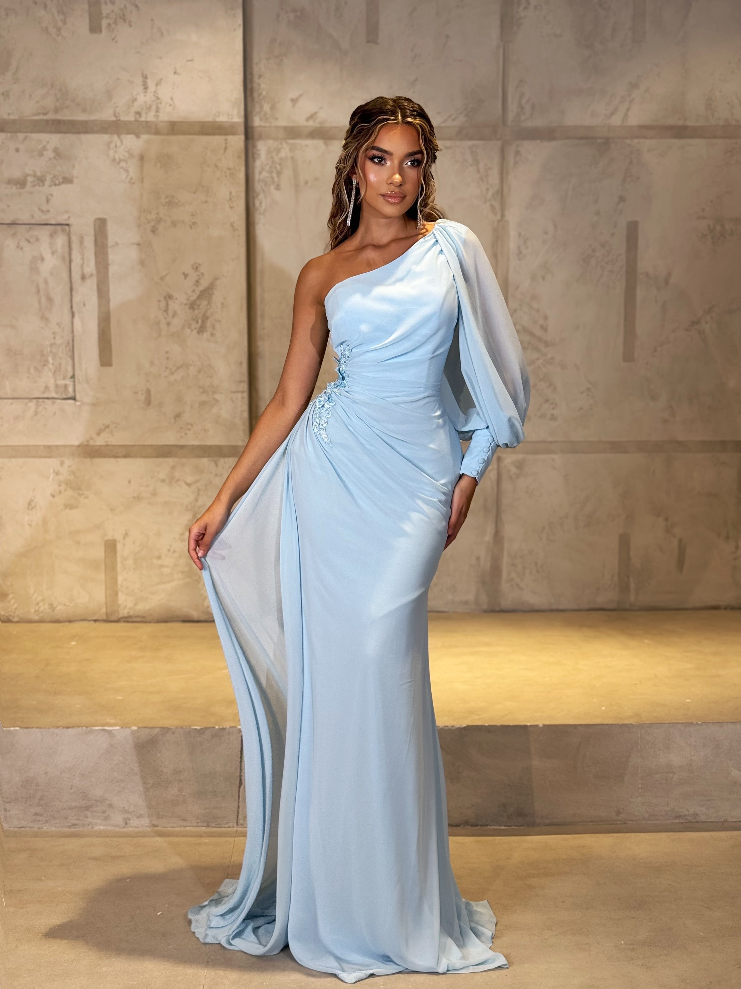 one shoulder drape dress Satin Bridesmaid cinched at the waist Petal and Pup Women's Nadia