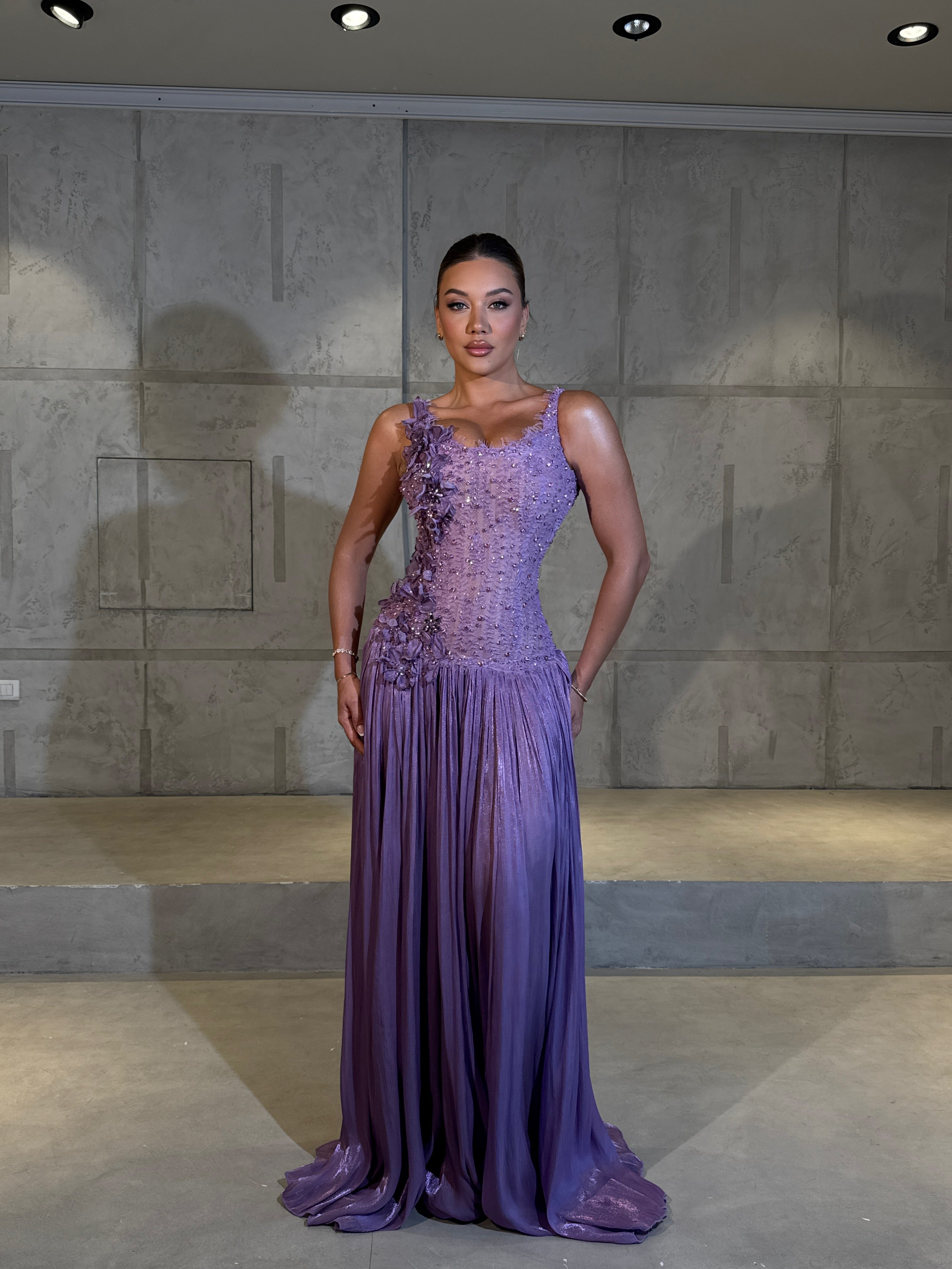 Elissa - Lavender Floral Embellished Gown S Elissa - Lavender Floral Embellished Gown S