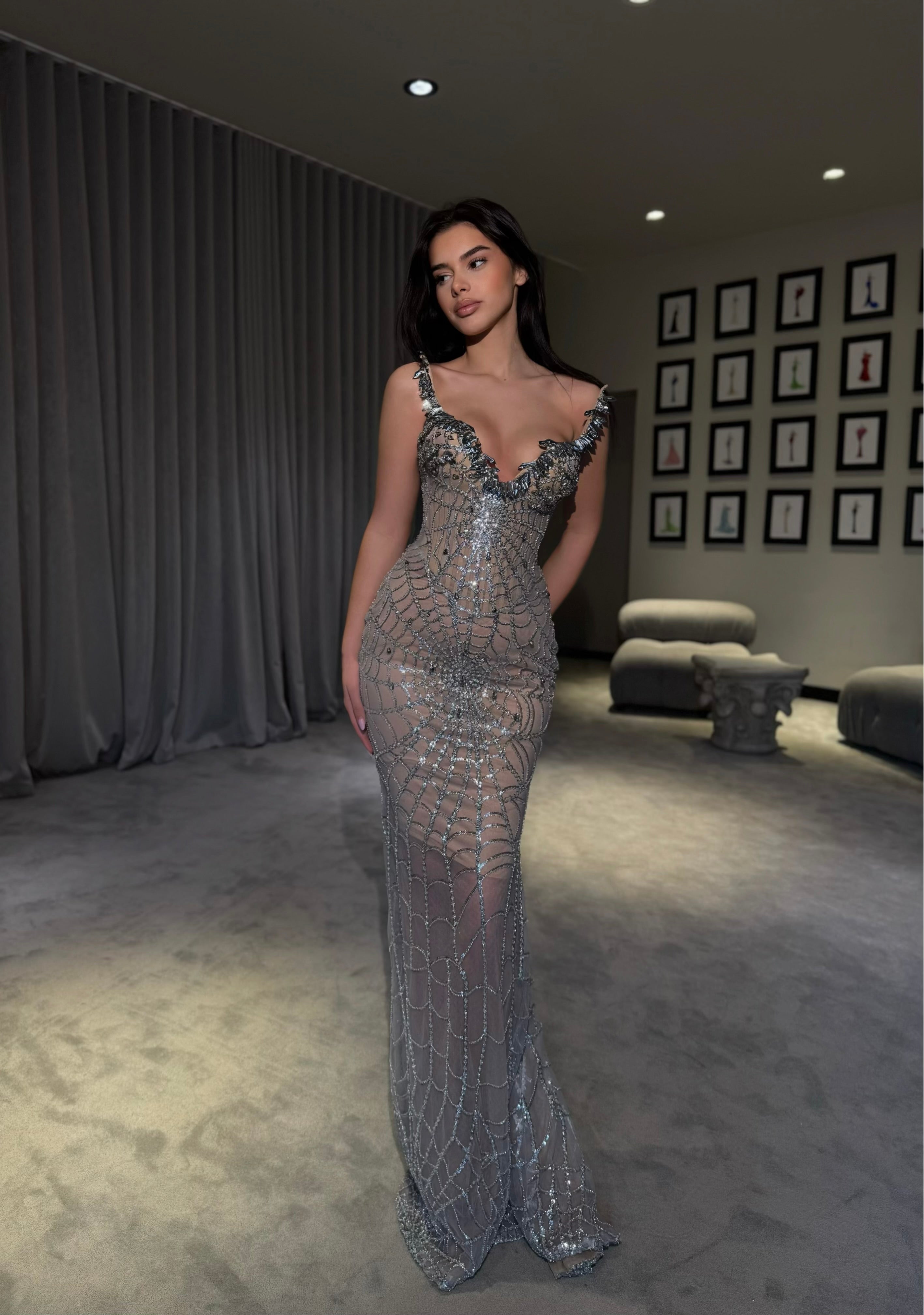 beaded dresses long Orlená Color:Black F09056 White Cutout Flared Sleeve the gown is designed Contemporary Leather Fashion
