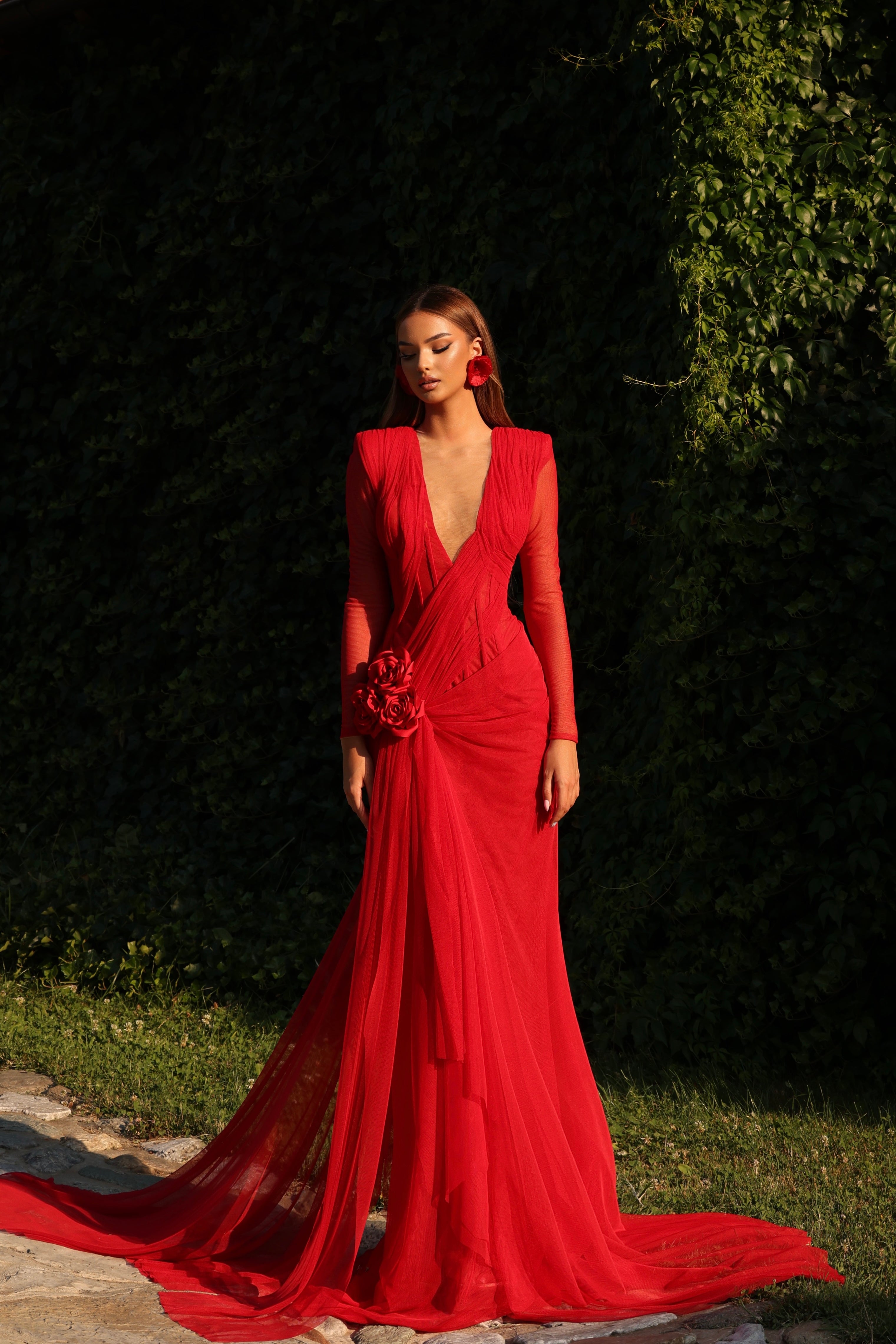 Benitta - Long Sleeve Draped Red Gown L Benitta - Long Sleeve Draped Red Gown L