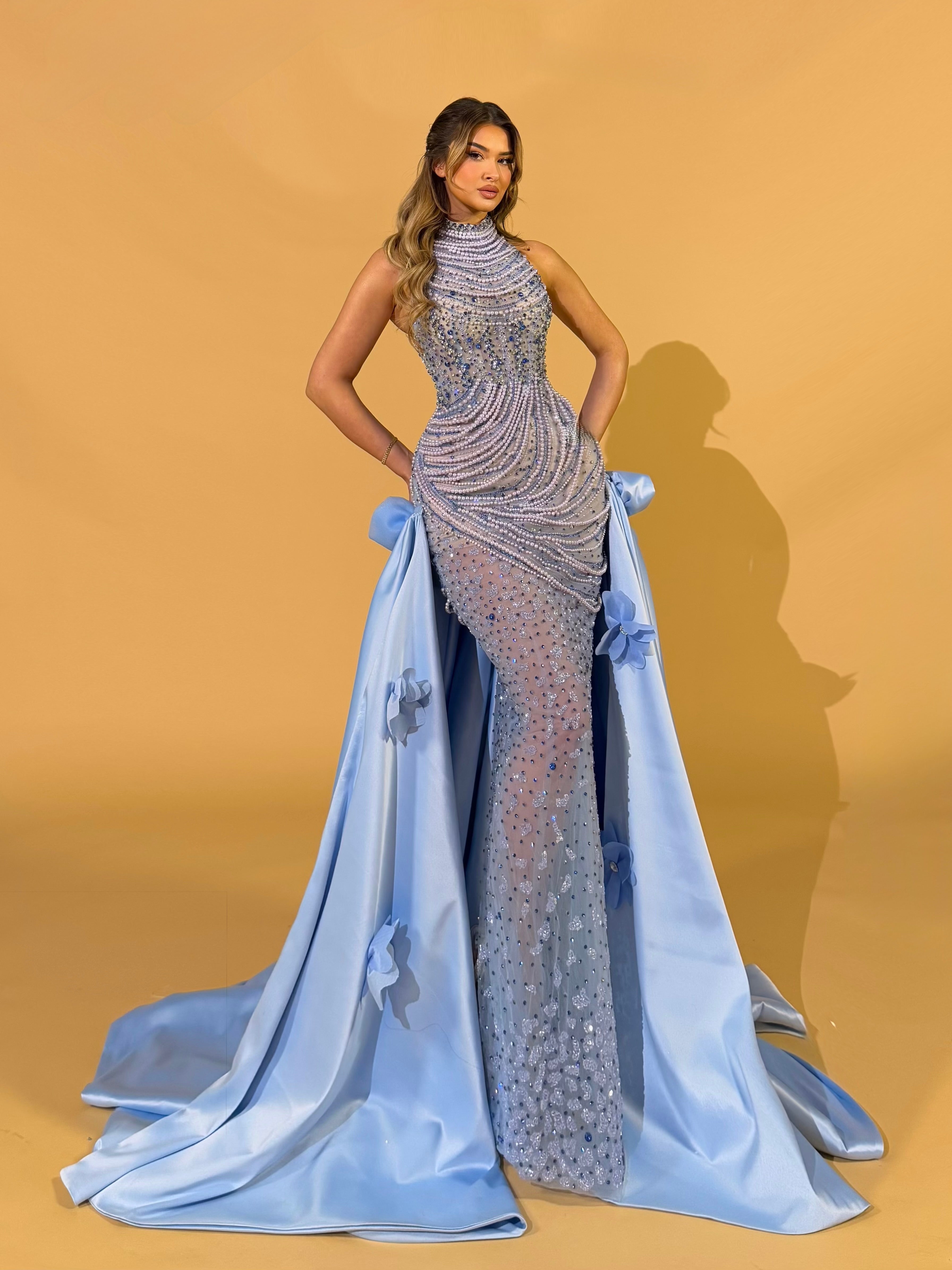 High Neck Sparkling Blue Gown with Draped Beading and Floral Train Walone LLC High Neck Sparkling Blue Gown with Draped Beading and Floral Train Walone LLC
