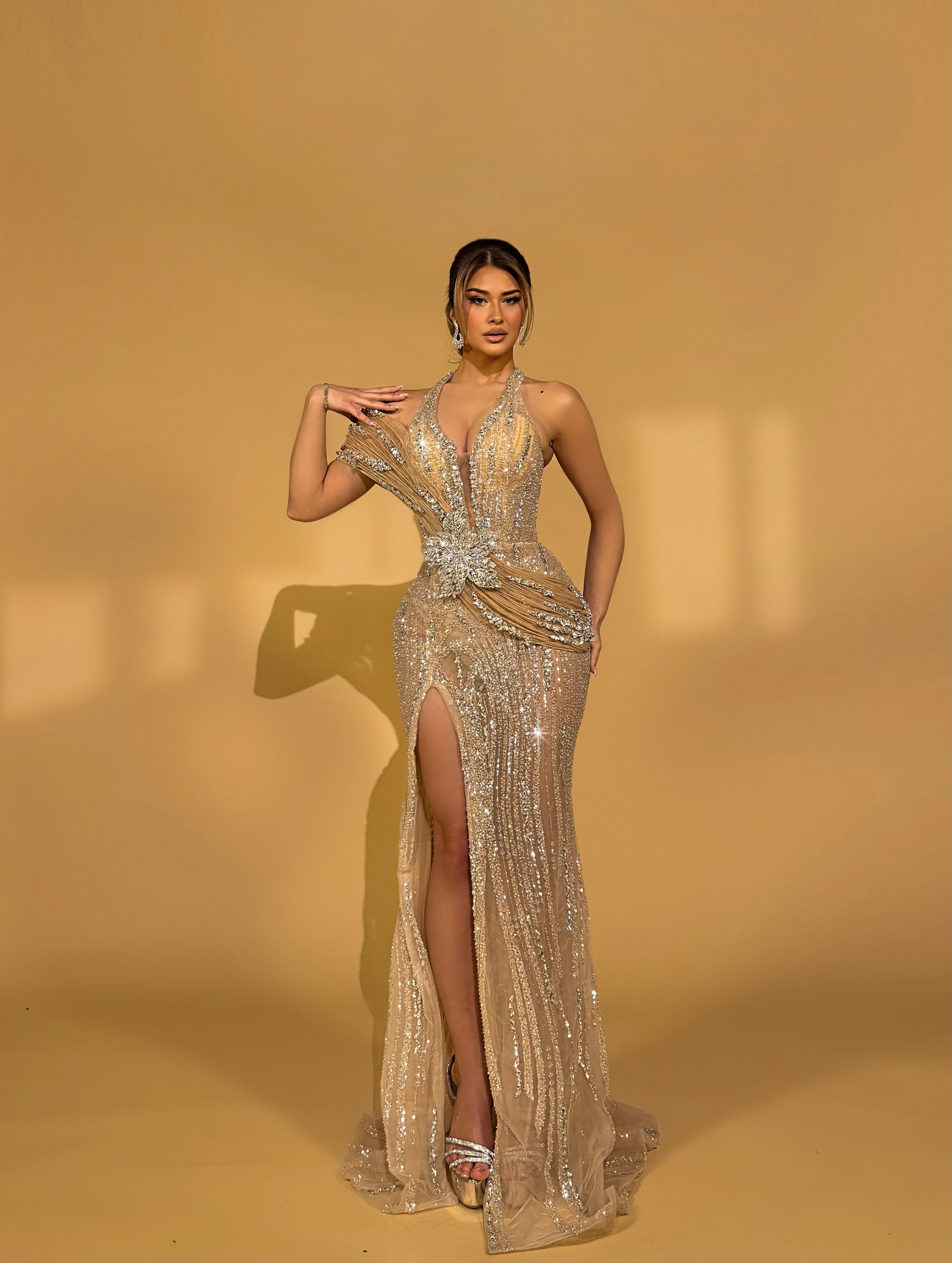 Gold Sequin Gown with Draped Tulle and Crystal Flower Detail S Gold Sequin Gown with Draped Tulle and Crystal Flower Detail S