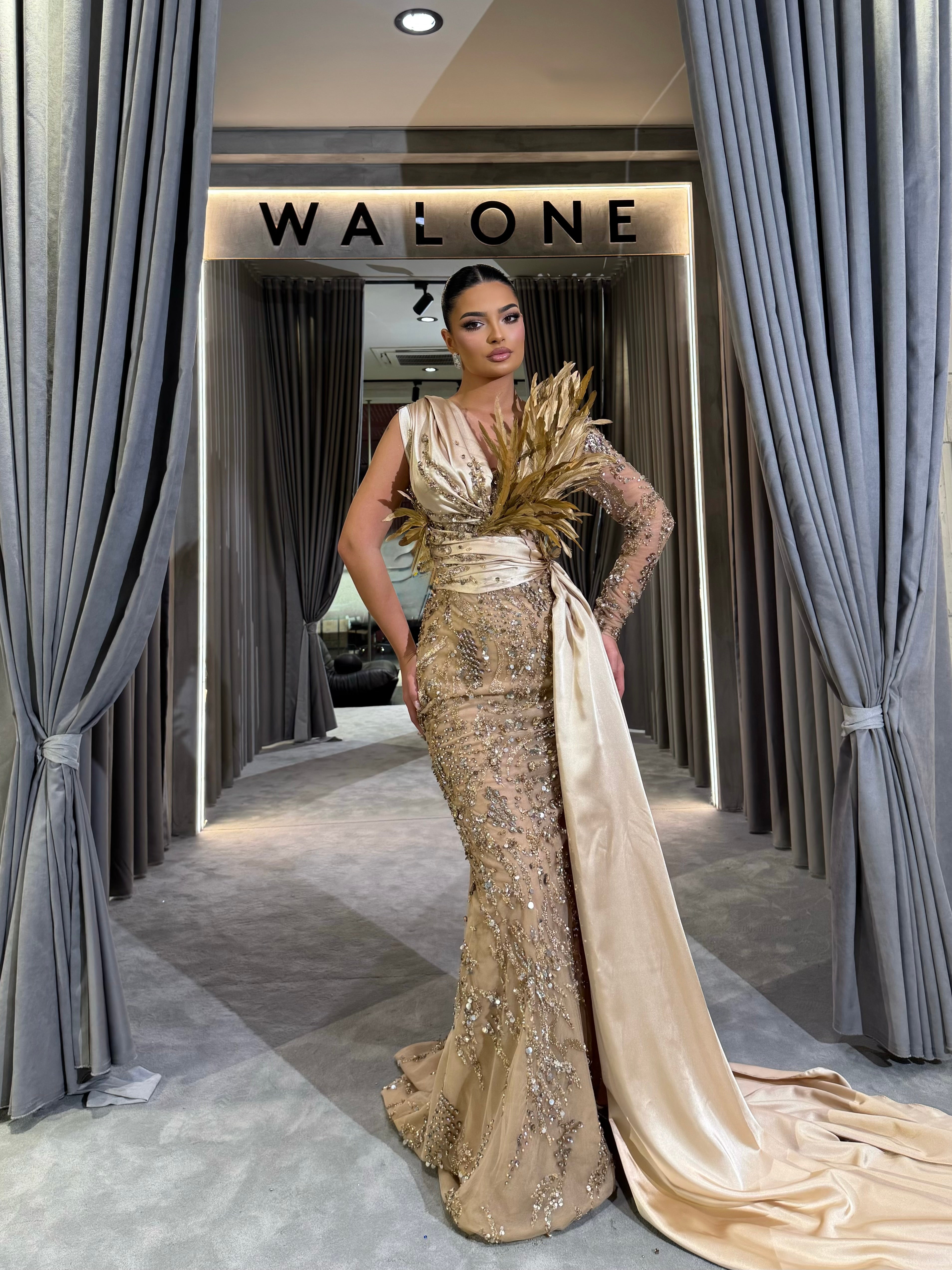 Golden Drape Feather Gown – Walone LLC