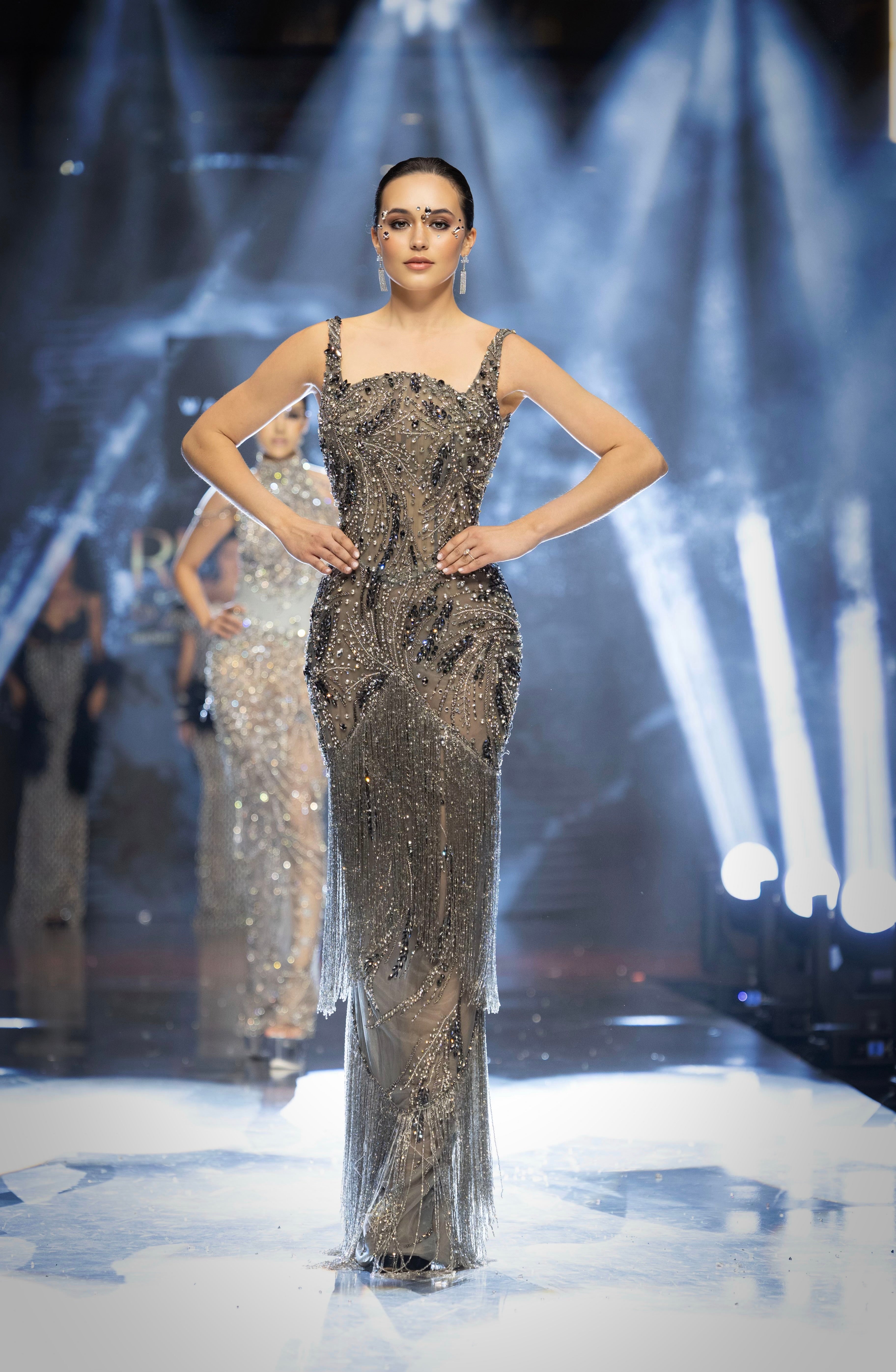 beaded dress with fringe ASHLEYlauren Midi 11766 Above Knee BABEYOND Dusty Periwinkle Beaded Wave