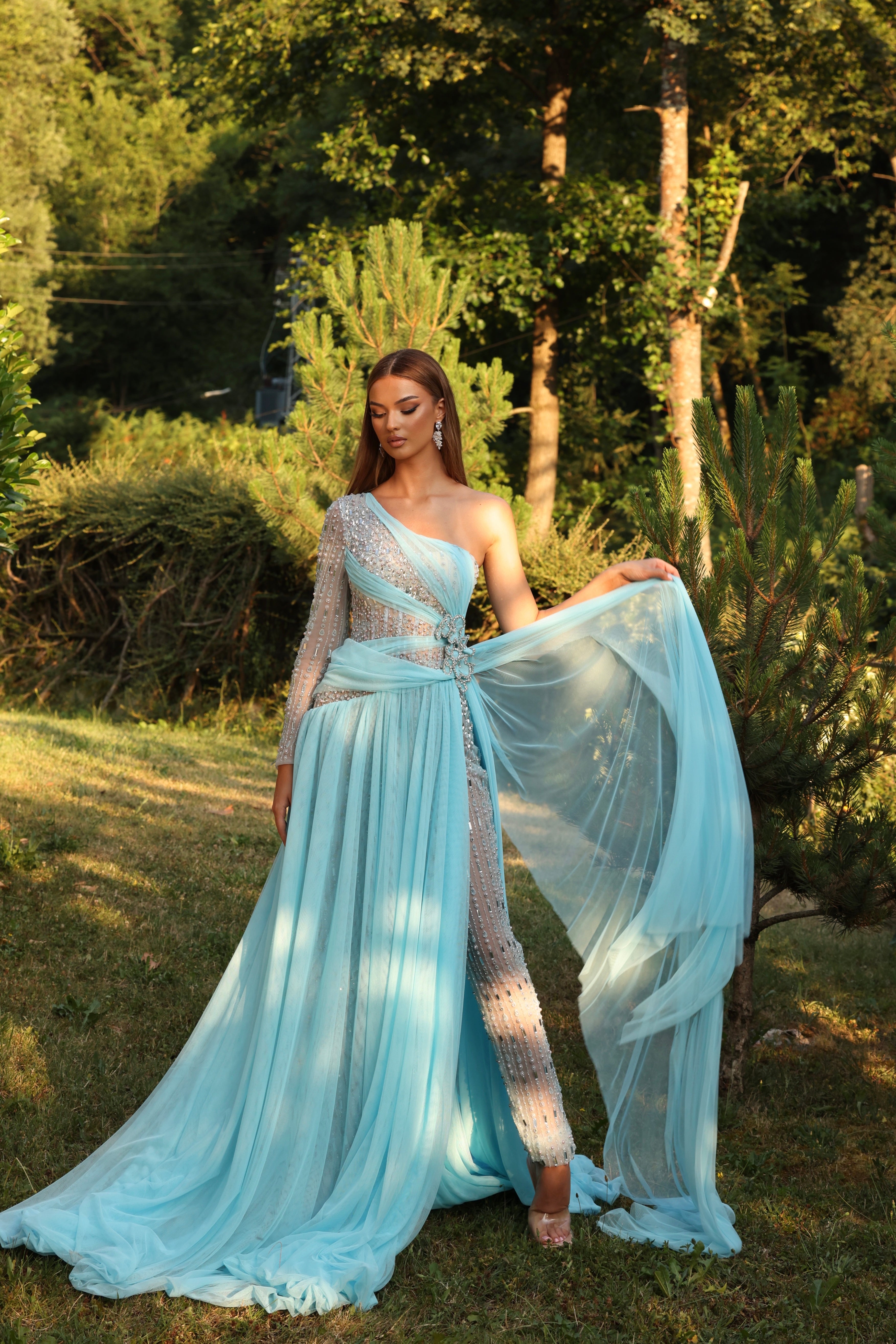 Aurelia – One Shoulder Crystal Tulle Gown – Walone LLC