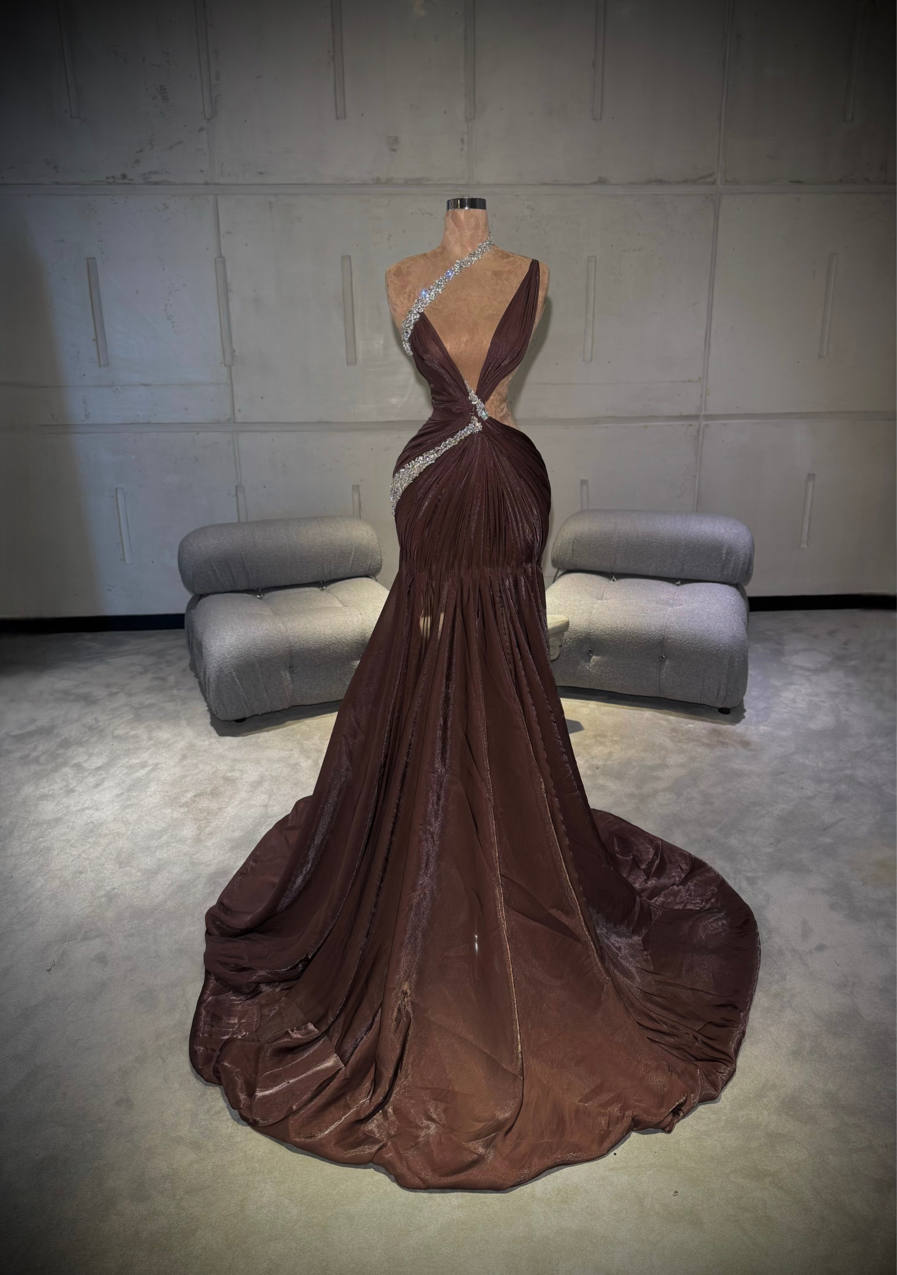 Elsa – Chocolate Brown Gown with Silver Embellishments – Walone LLC