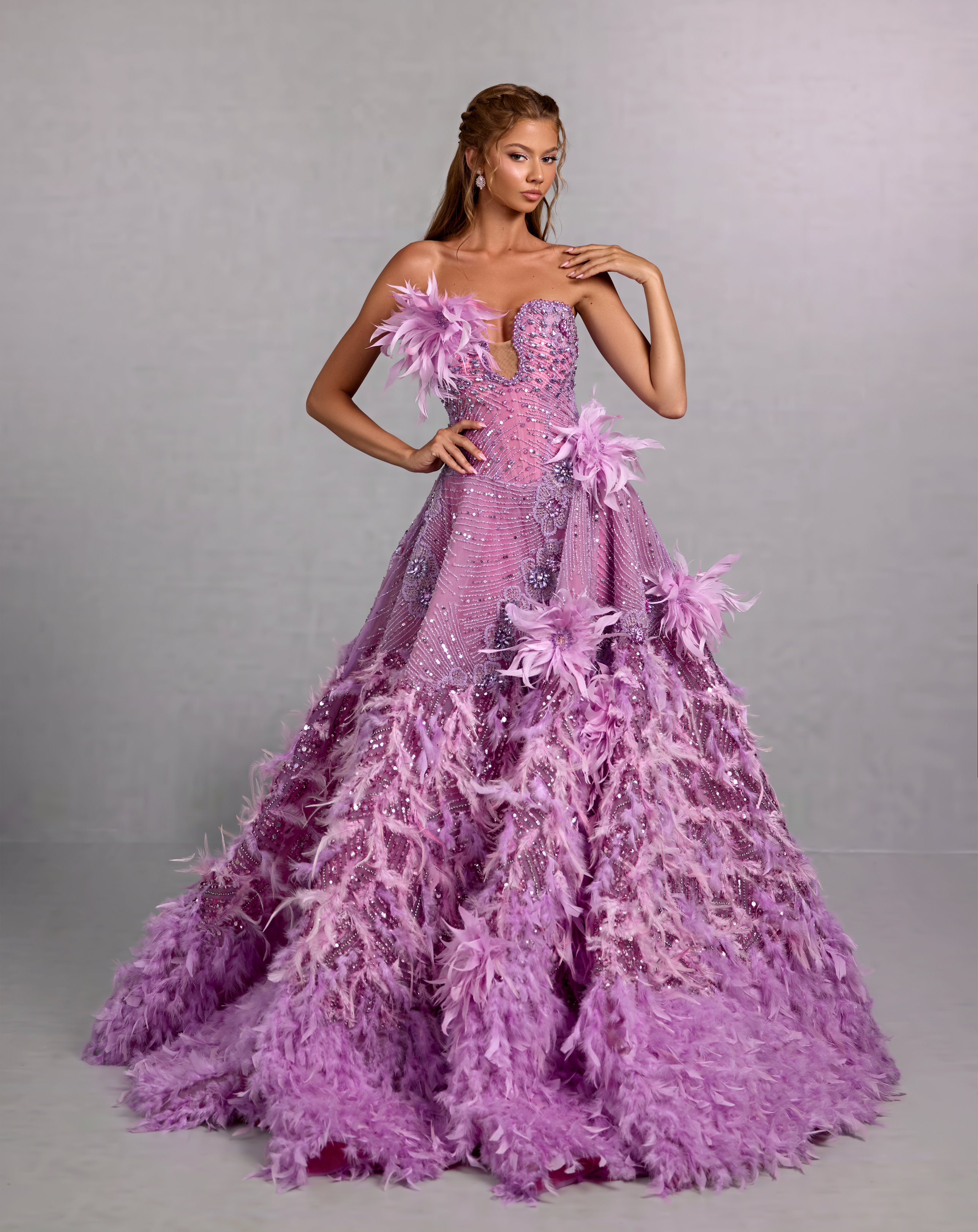 Lavender Feather Gown with 3D Floral Beading XS