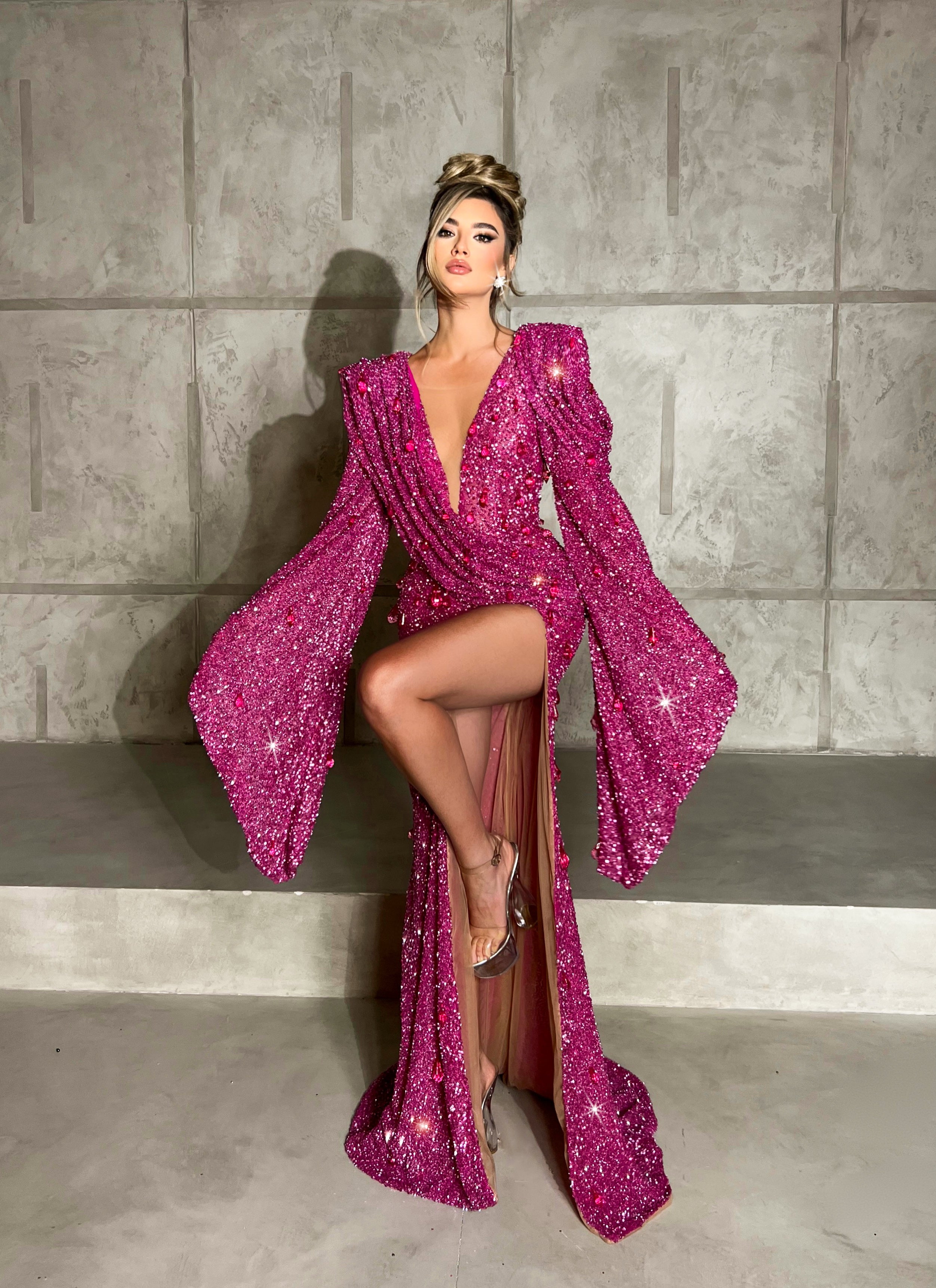 chinese dress ladies Deep V Neck Shiny Wrap Bandage Bodycon Long Sleeve Dress Bronze Red / XL main image 0