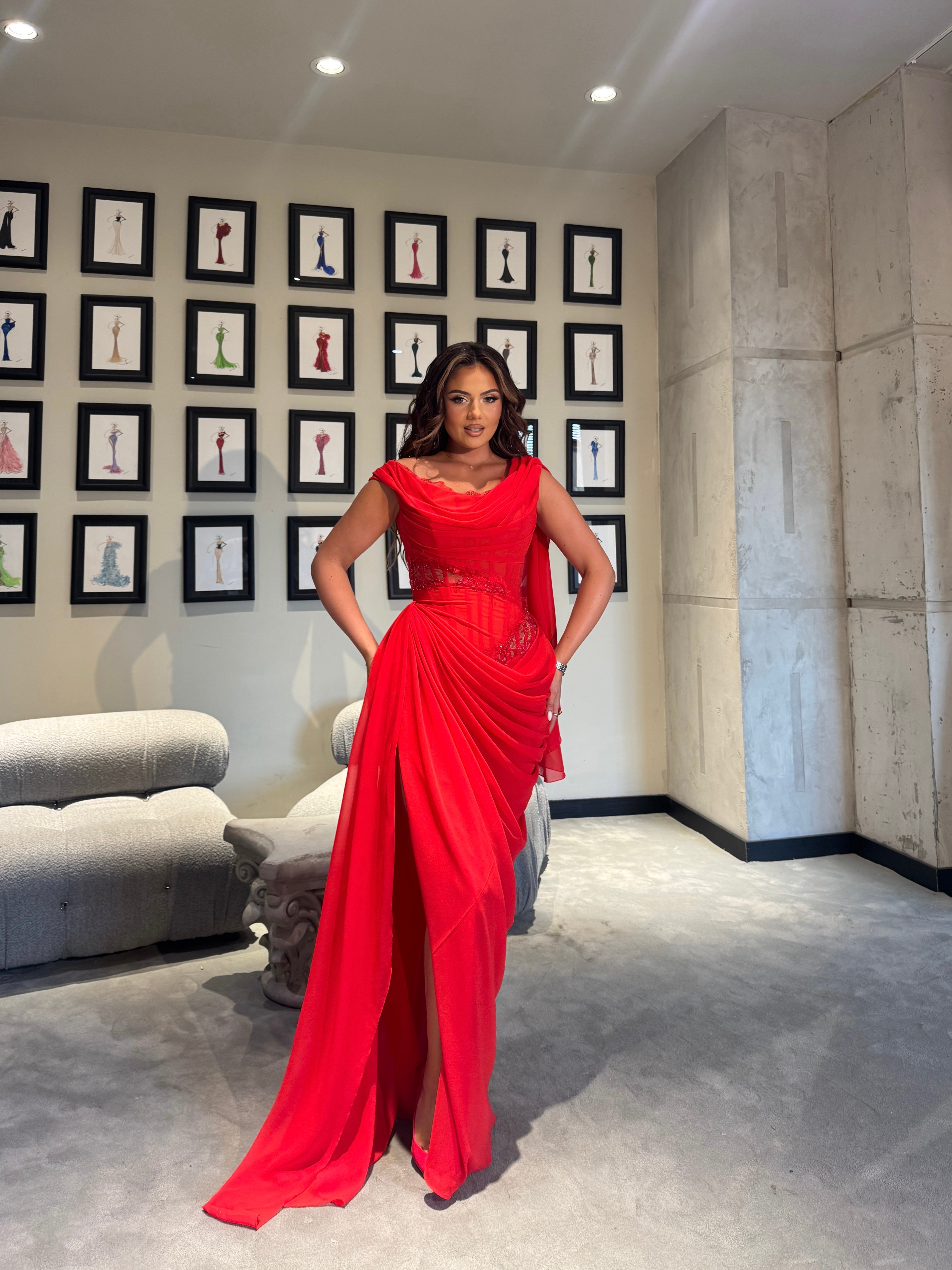 Red Draped Maxi Dress with Boned Corset & Lace Embellishment – Walone LLC