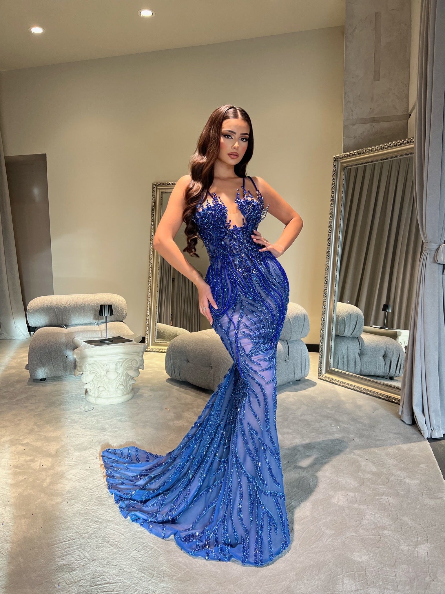 Blue Embroidered Dress with Rhinestones L Blue Embroidered Dress with Rhinestones L