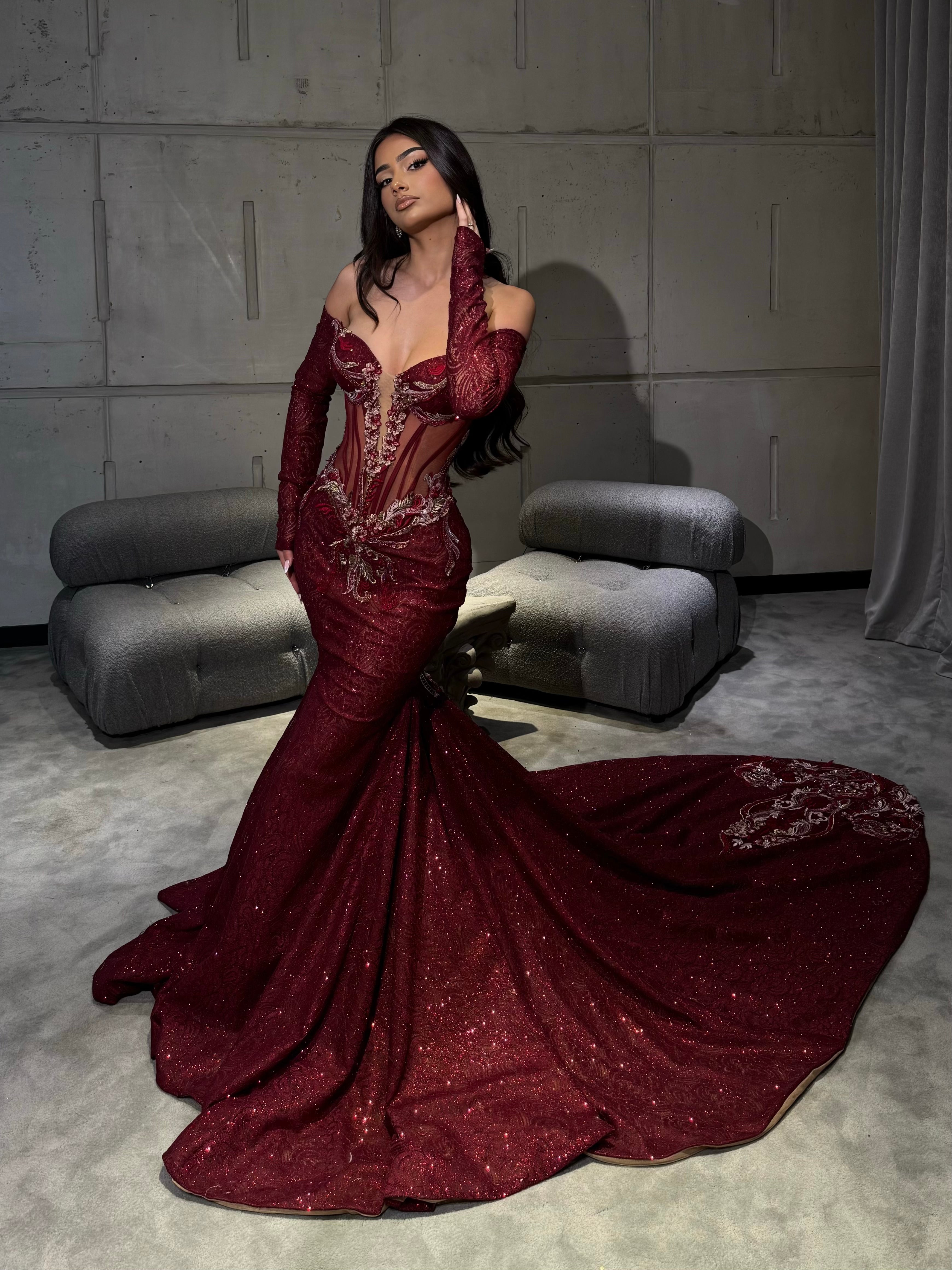 Isolde – Burgundy Beaded Couture Mermaid Gown XL
