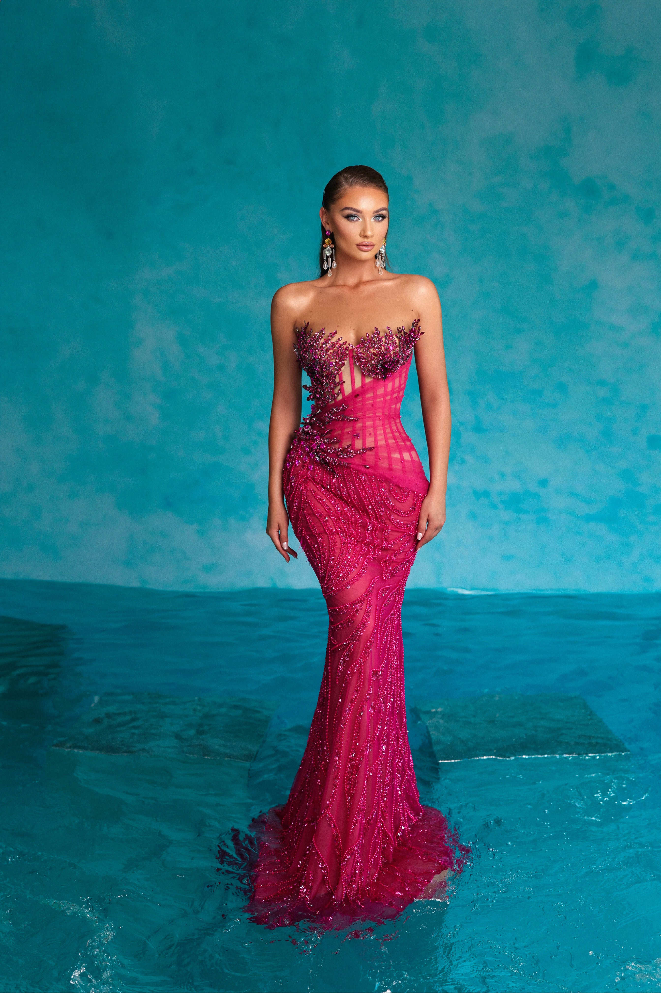 Strapless Fuchsia Beaded Dress with Rhinestones S Strapless Fuchsia Beaded Dress with Rhinestones S