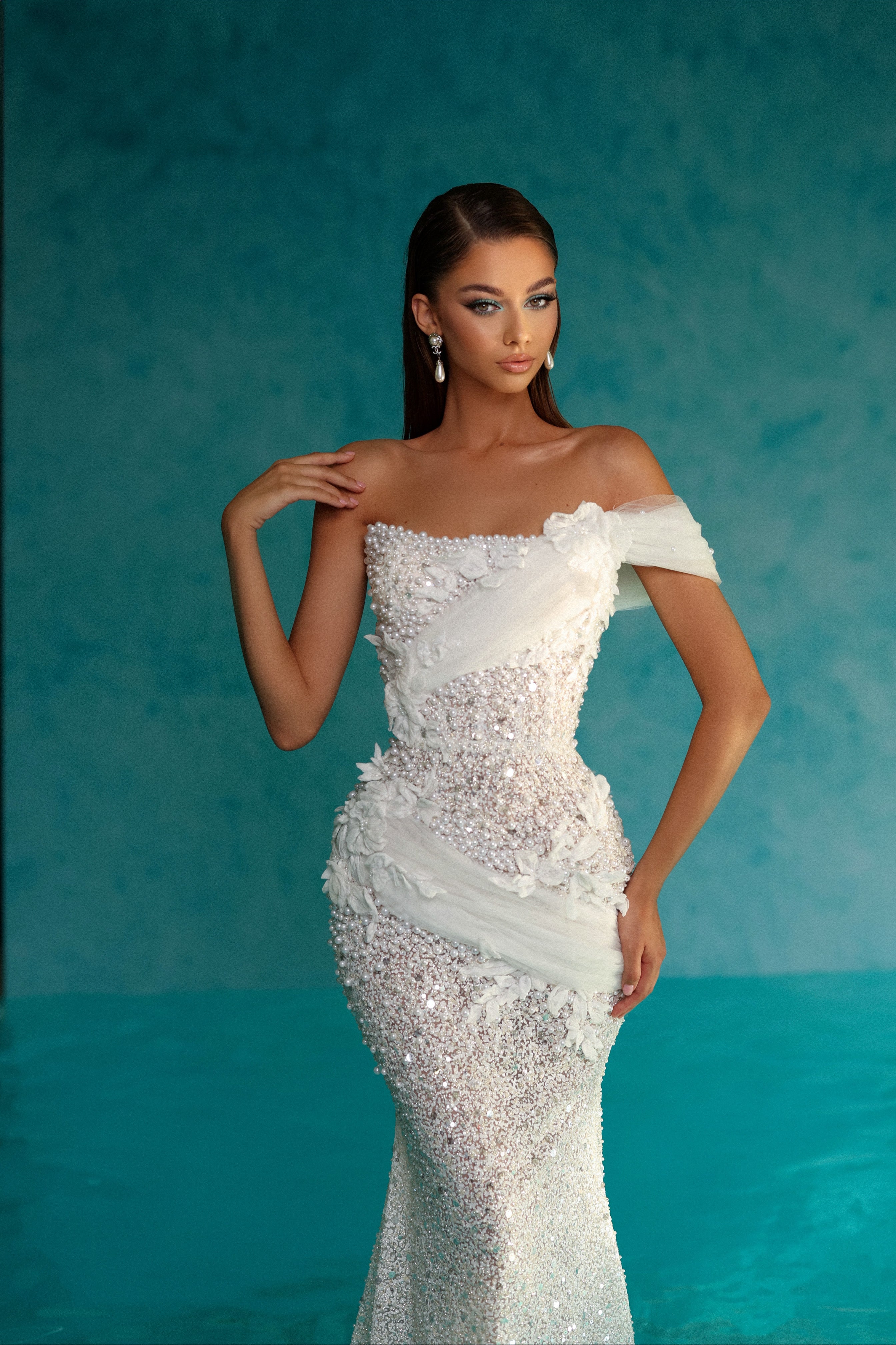 Pearl Embroidered White Dress with One Shoulder Tulle Detail S Pearl Embroidered White Dress with One Shoulder Tulle Detail S