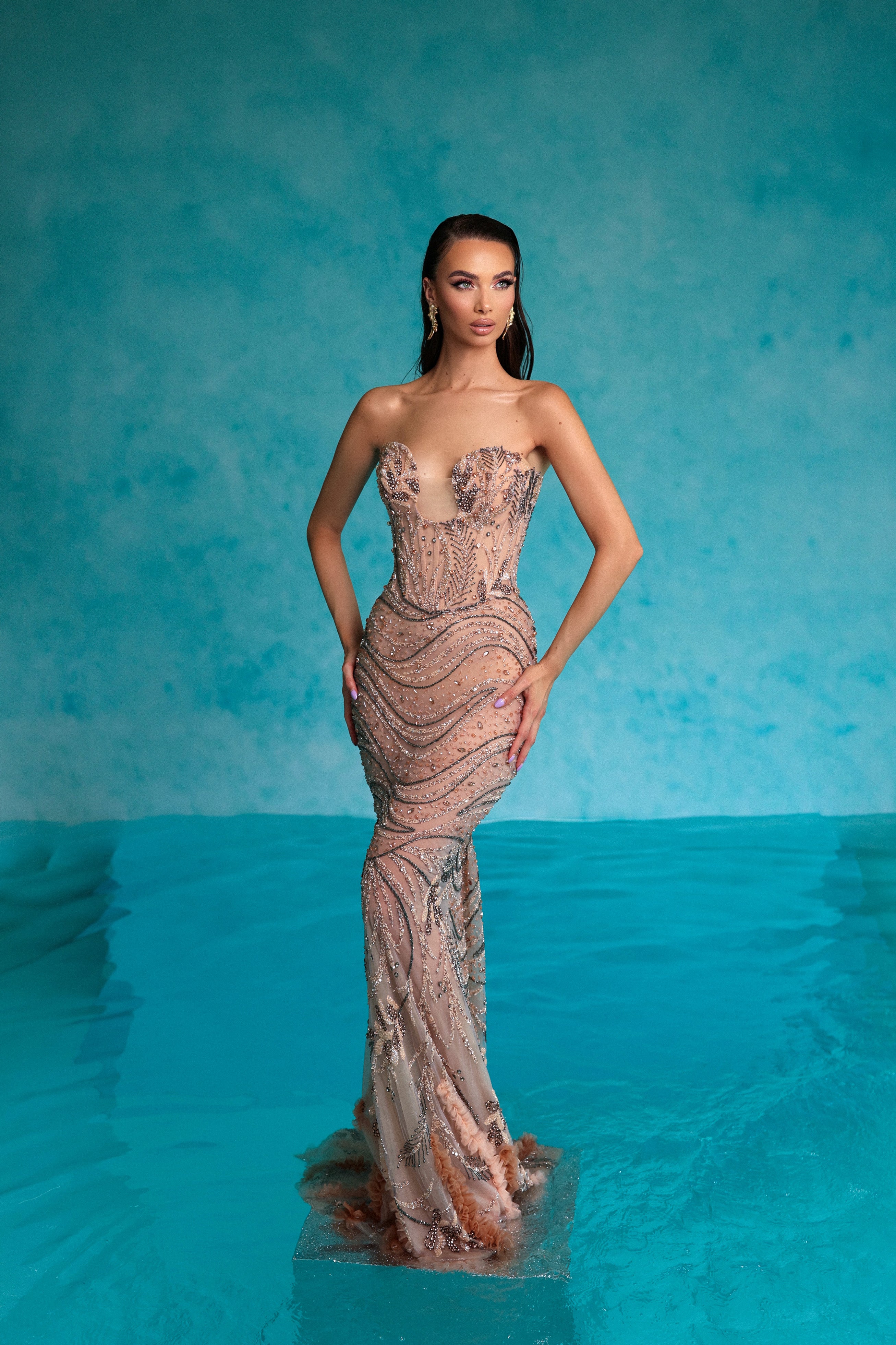 Beige Beaded Dress with Detachable Tulle Cape XS Beige Beaded Dress with Detachable Tulle Cape XS