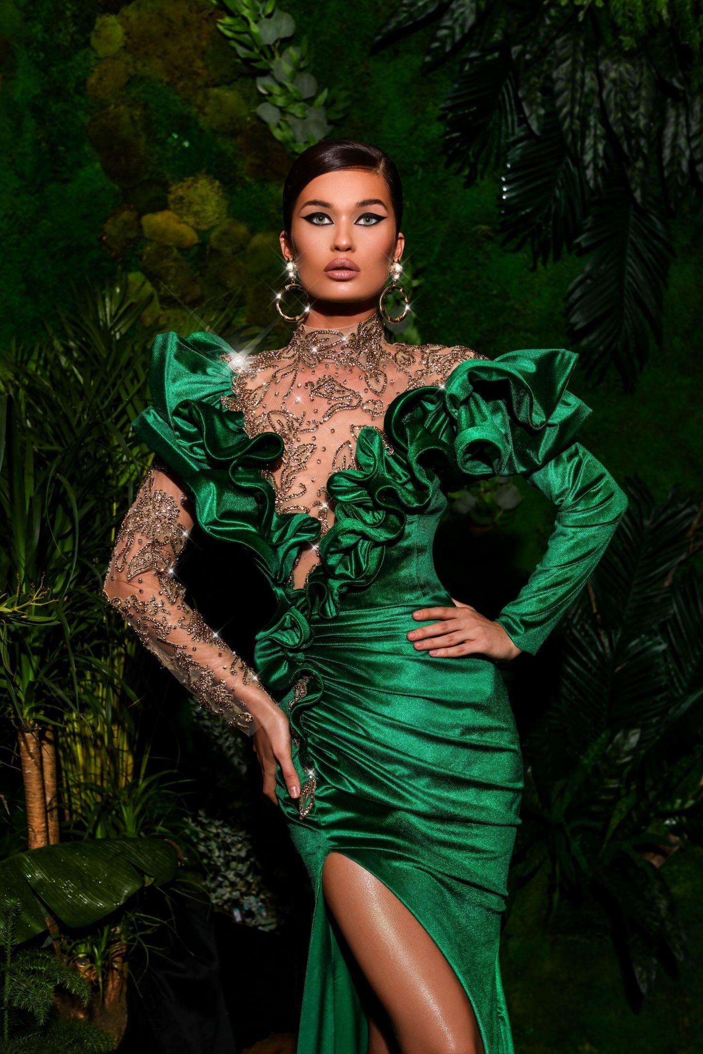 Velvet Green Embroidered Dress with Side Slit Xs