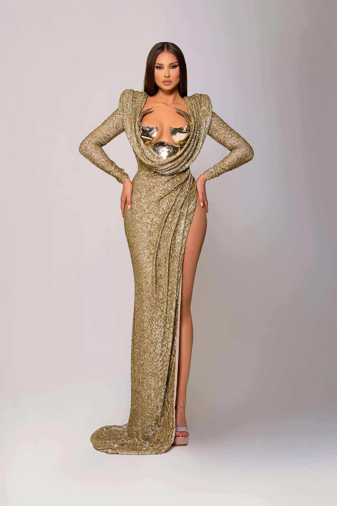 Side Slit Gold Shimmering Dress with Metallic Gold Chest Detail M Side Slit Gold Shimmering Dress with Metallic Gold Chest Detail M