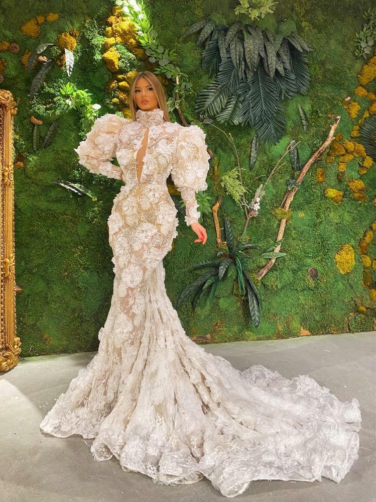 green emerald velvet dress 3D Floral Lace Mermaid Gown
