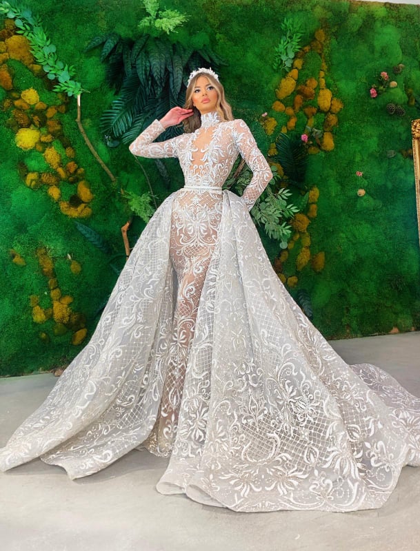 Long Sleeve Lace Wedding Dress with Detachable Overskirt Walone