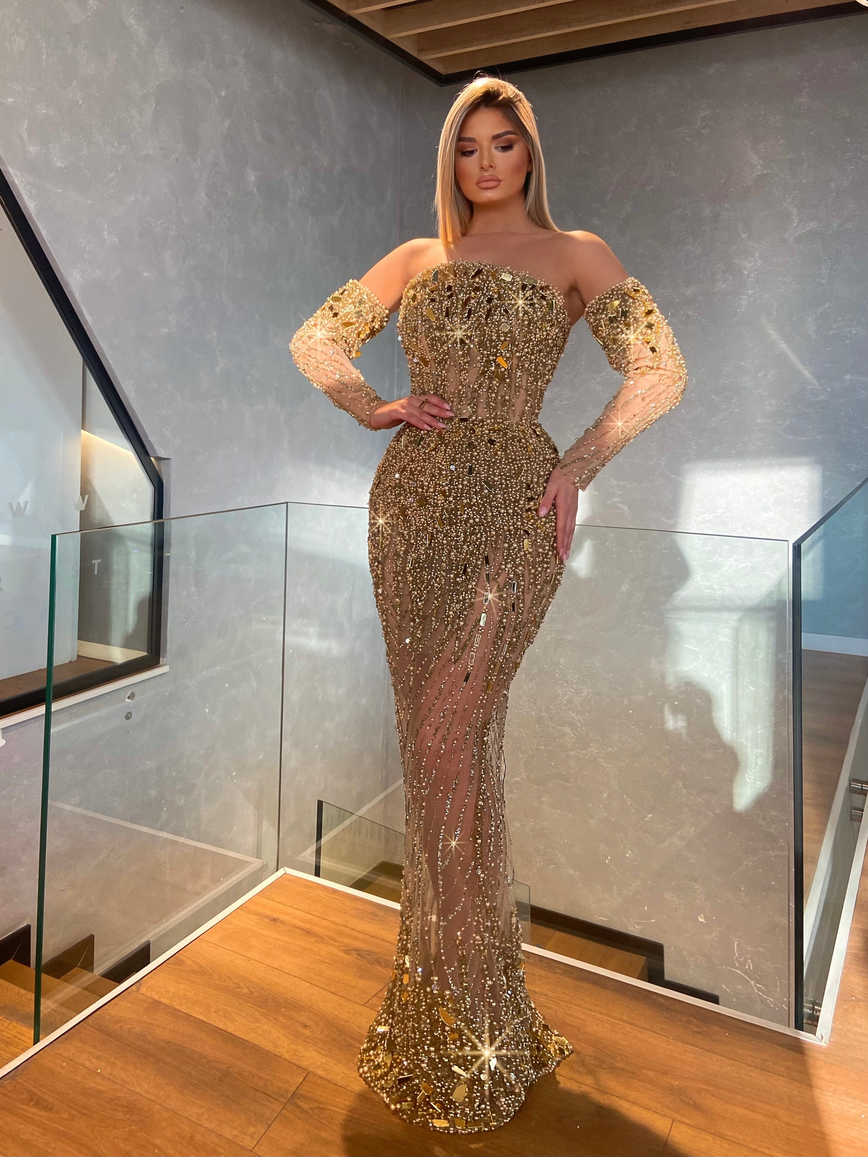 Gold Mesh Embellished Dress Walone Fashion Group LLC