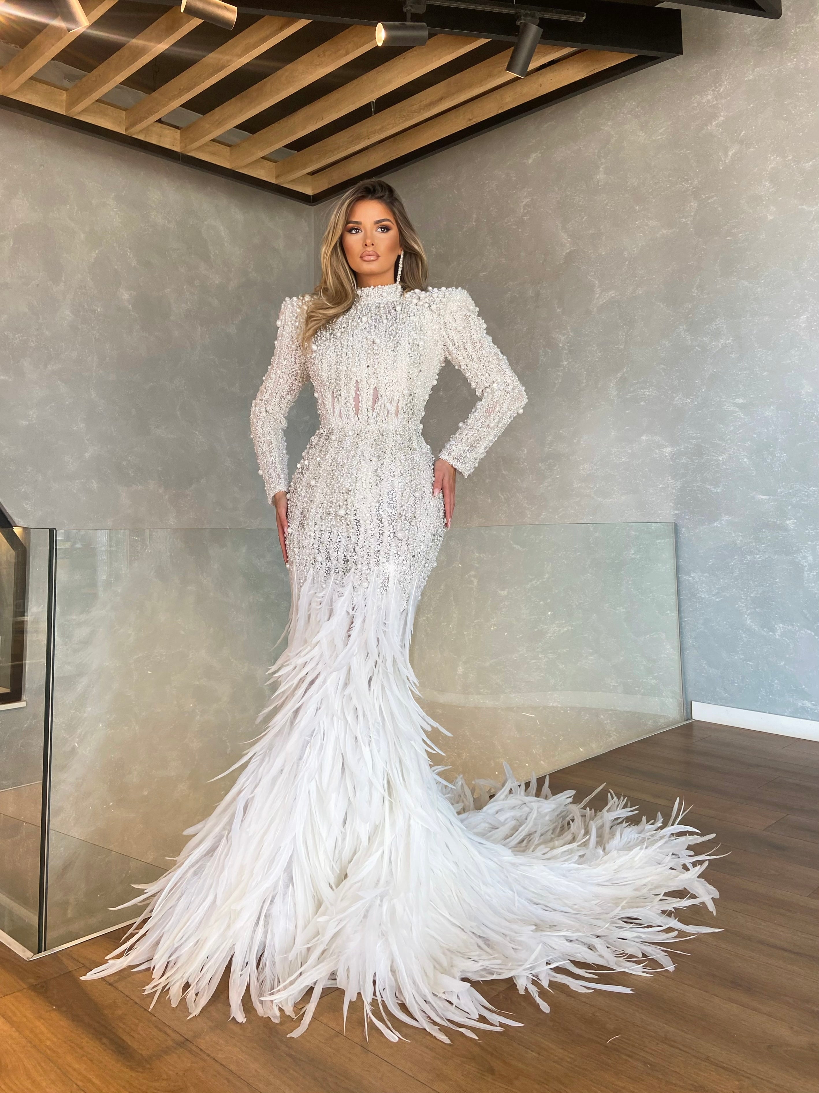 High Neck Mermaid Pearl Embroidered Gown XS