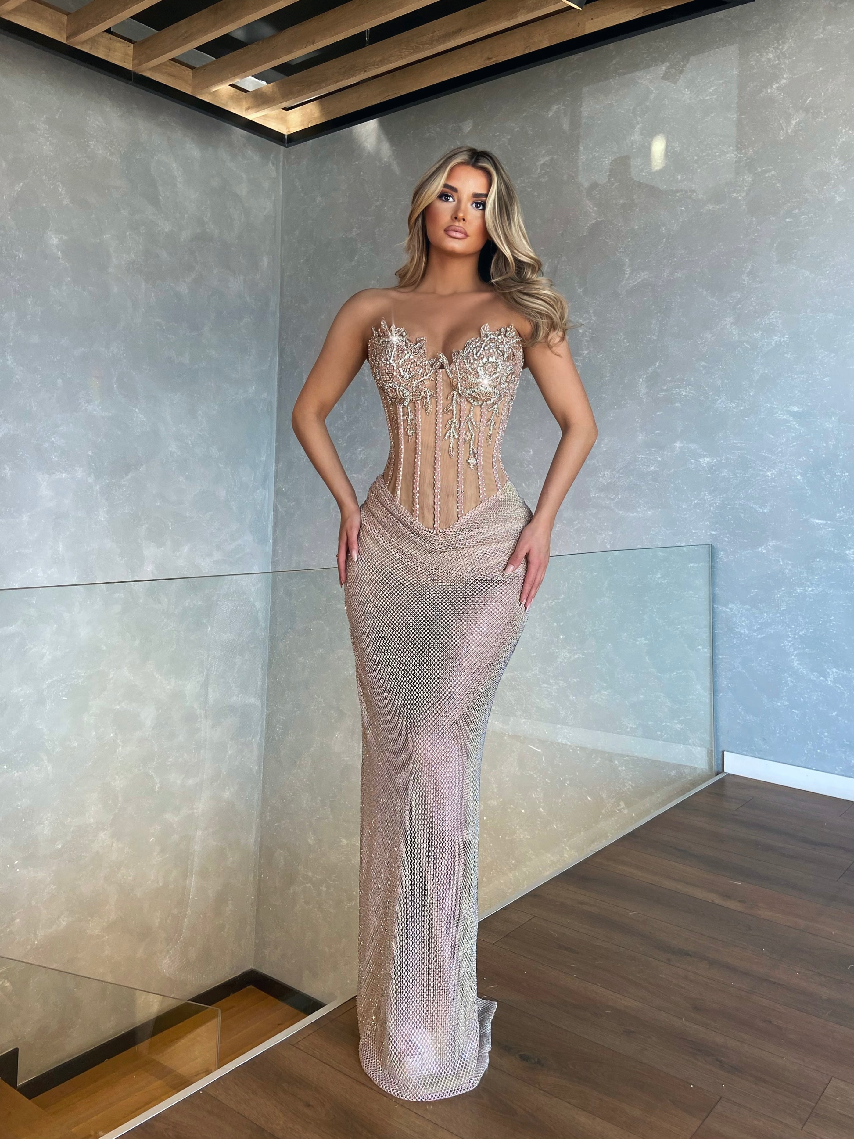 gold rhinestone mesh dress Gold Rhinestone Mesh Cut Out Maxi Dress self-portrait-US