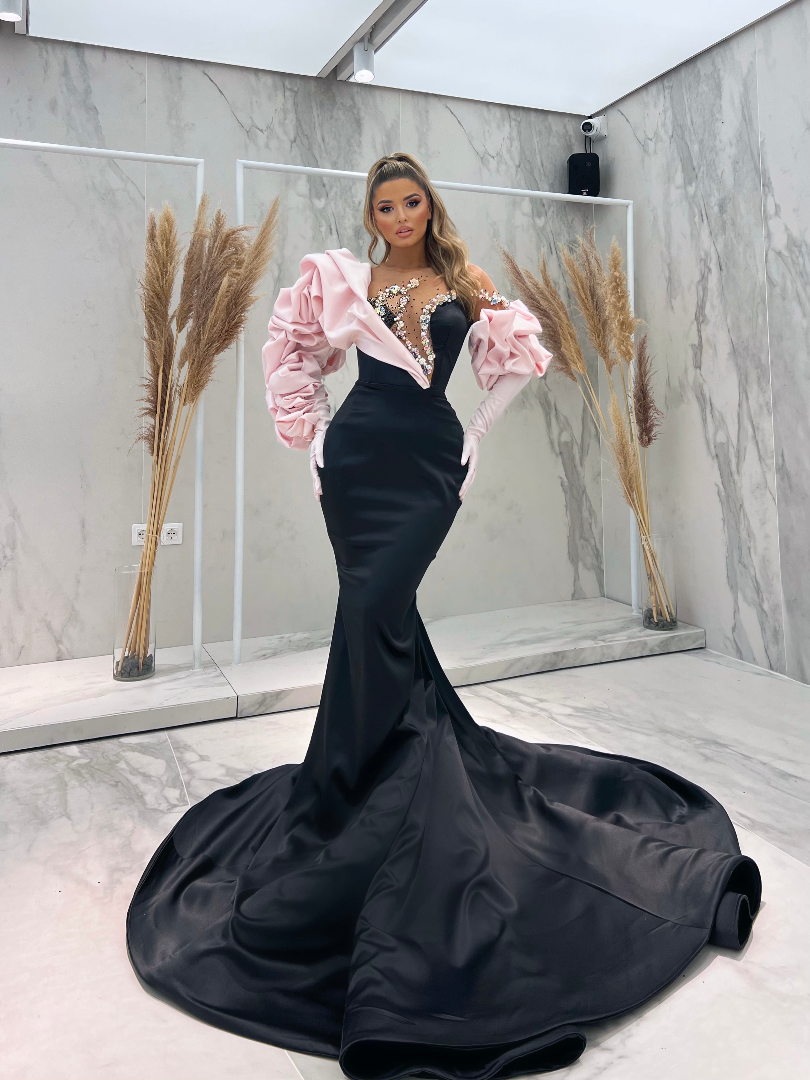 fitted lace wedding dress Mermaid Black Dress with Pink Ruffle Sleeves S