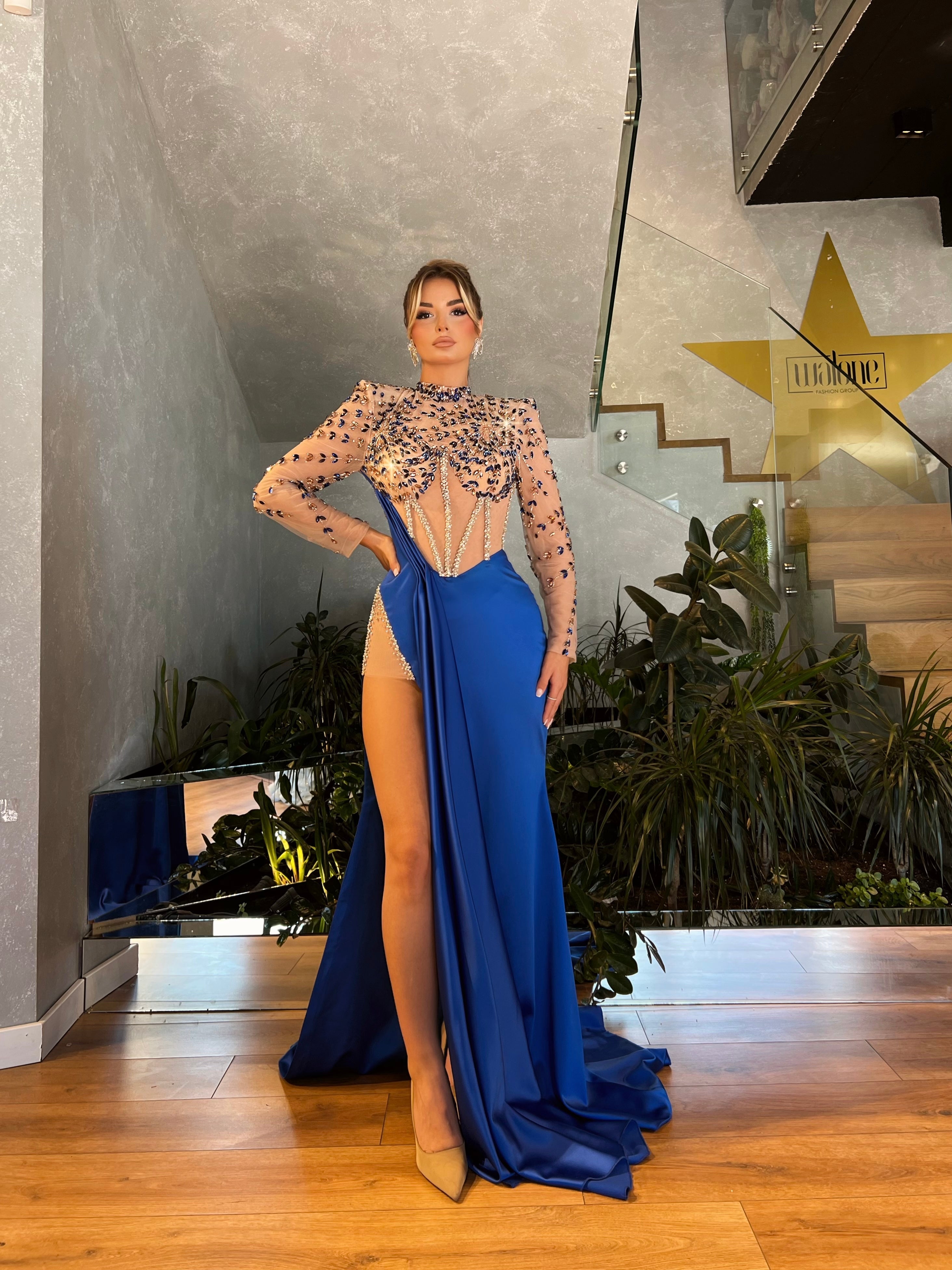 Embellished Corset Blue Satin Dress Walone Fashion Group LLC