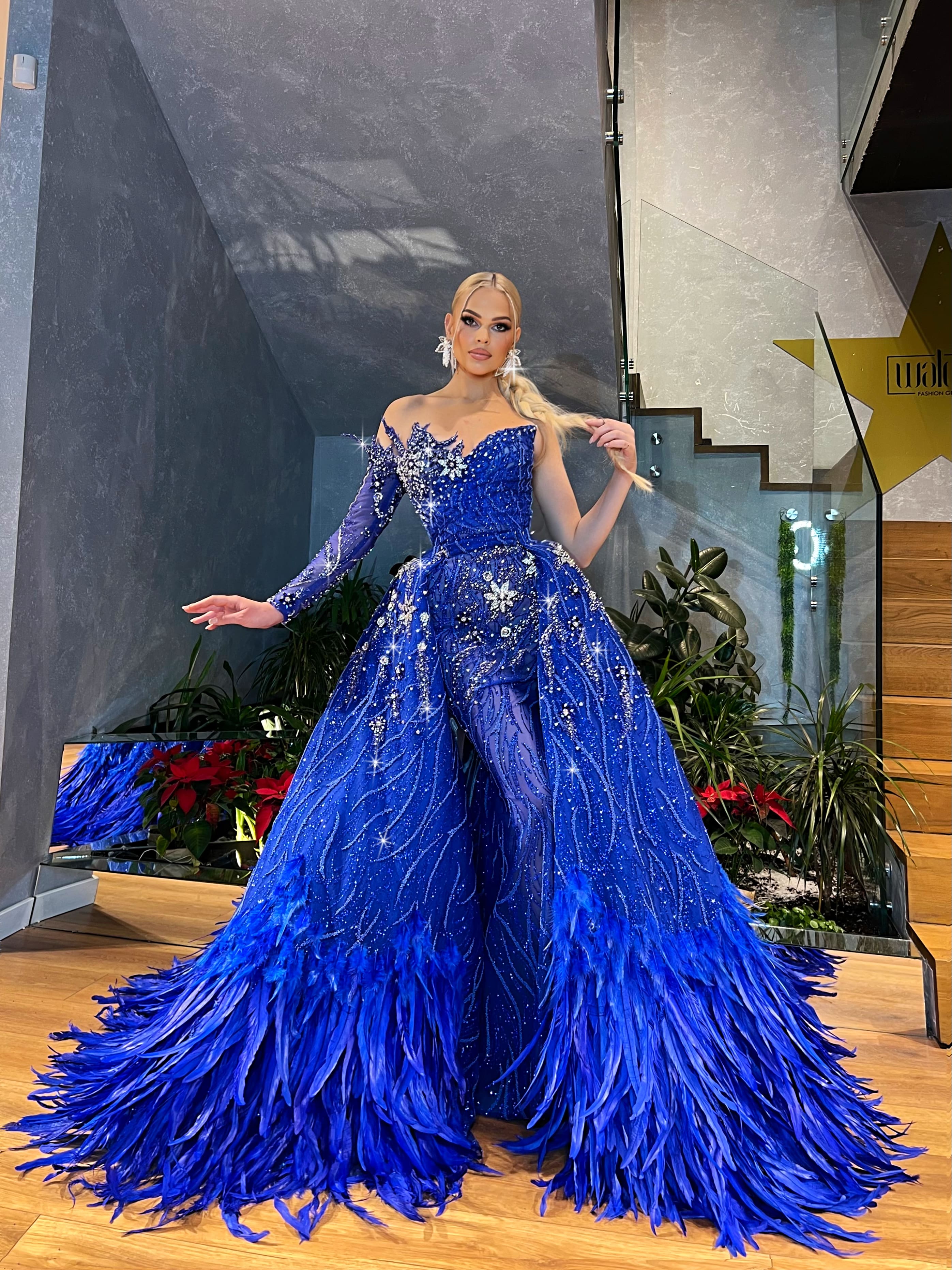 One Shoulder Sleeve Royal Blue Gown with Detachable Overskirt M One Shoulder Sleeve Royal Blue Gown with Detachable Overskirt M