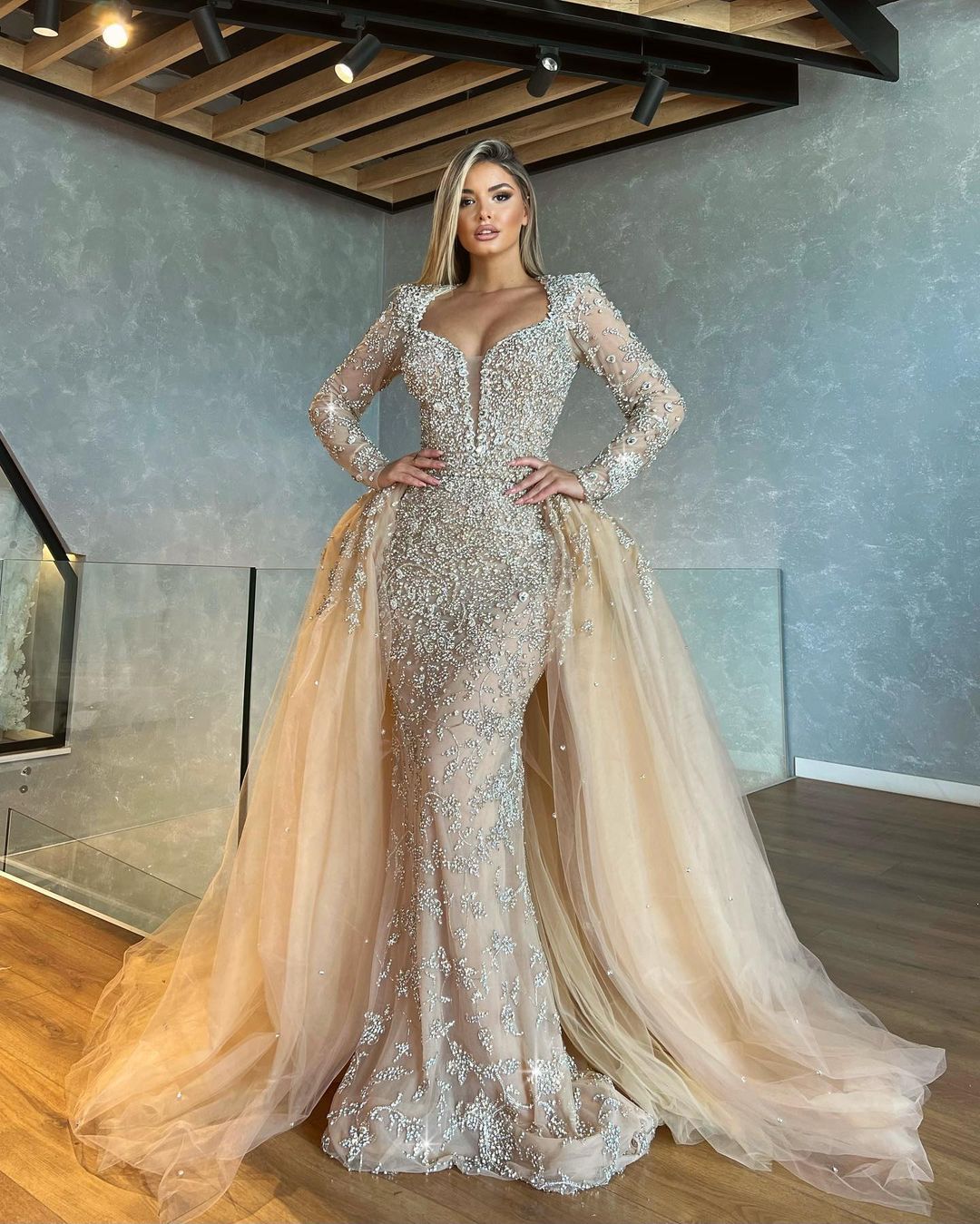 Silver Beaded Dress with Tulle Detachable Overskirt M Silver Beaded Dress with Tulle Detachable Overskirt M