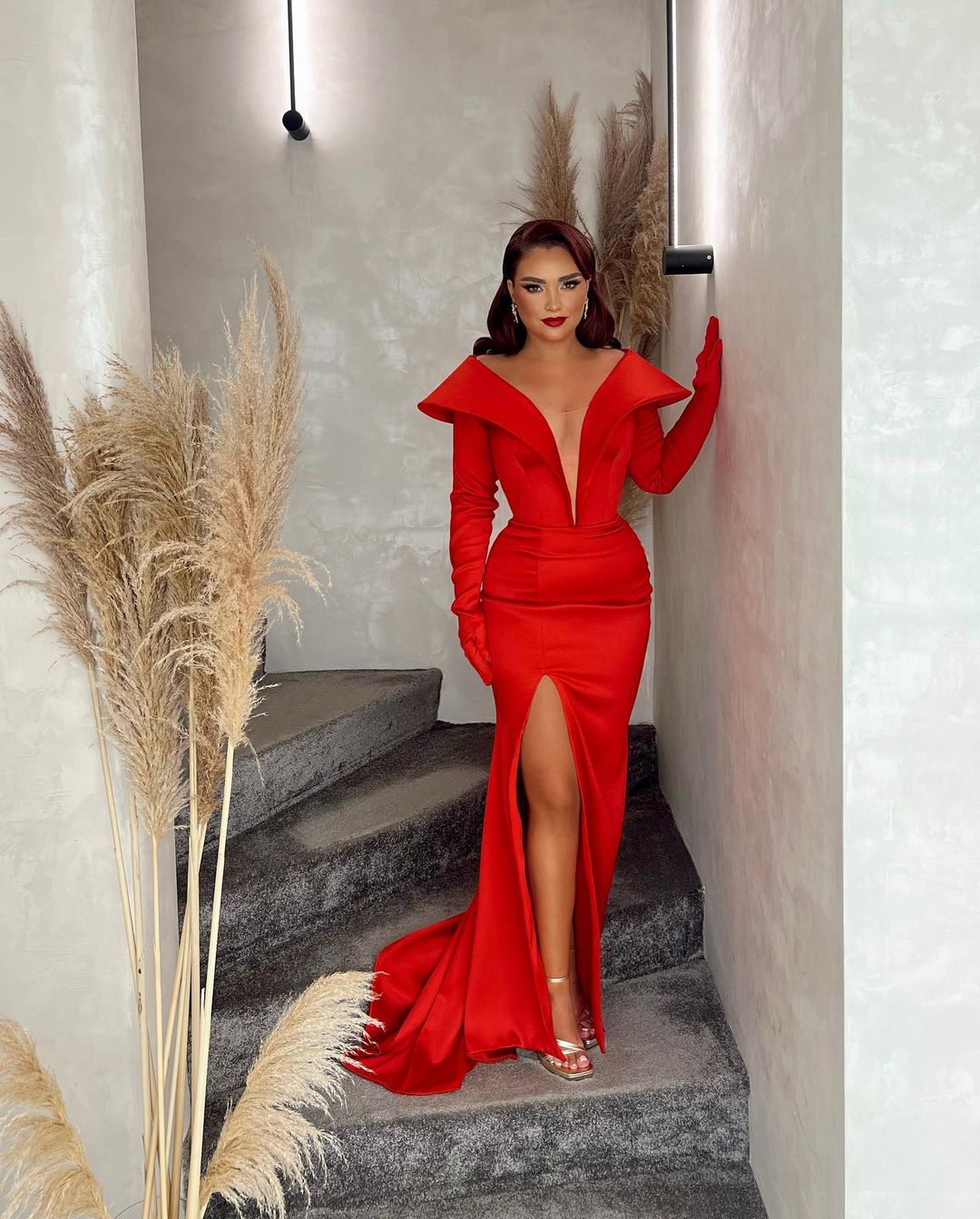 Plunging V-Neck Satin Dress With Slit Regency main image 1