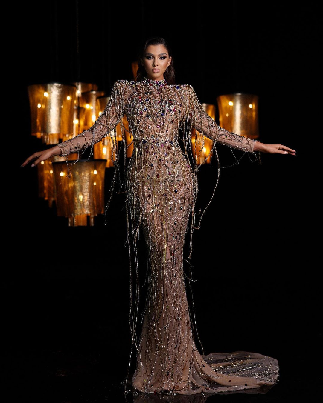 Long Rhinestone Gold Fringe Dress L Long Rhinestone Gold Fringe Dress L