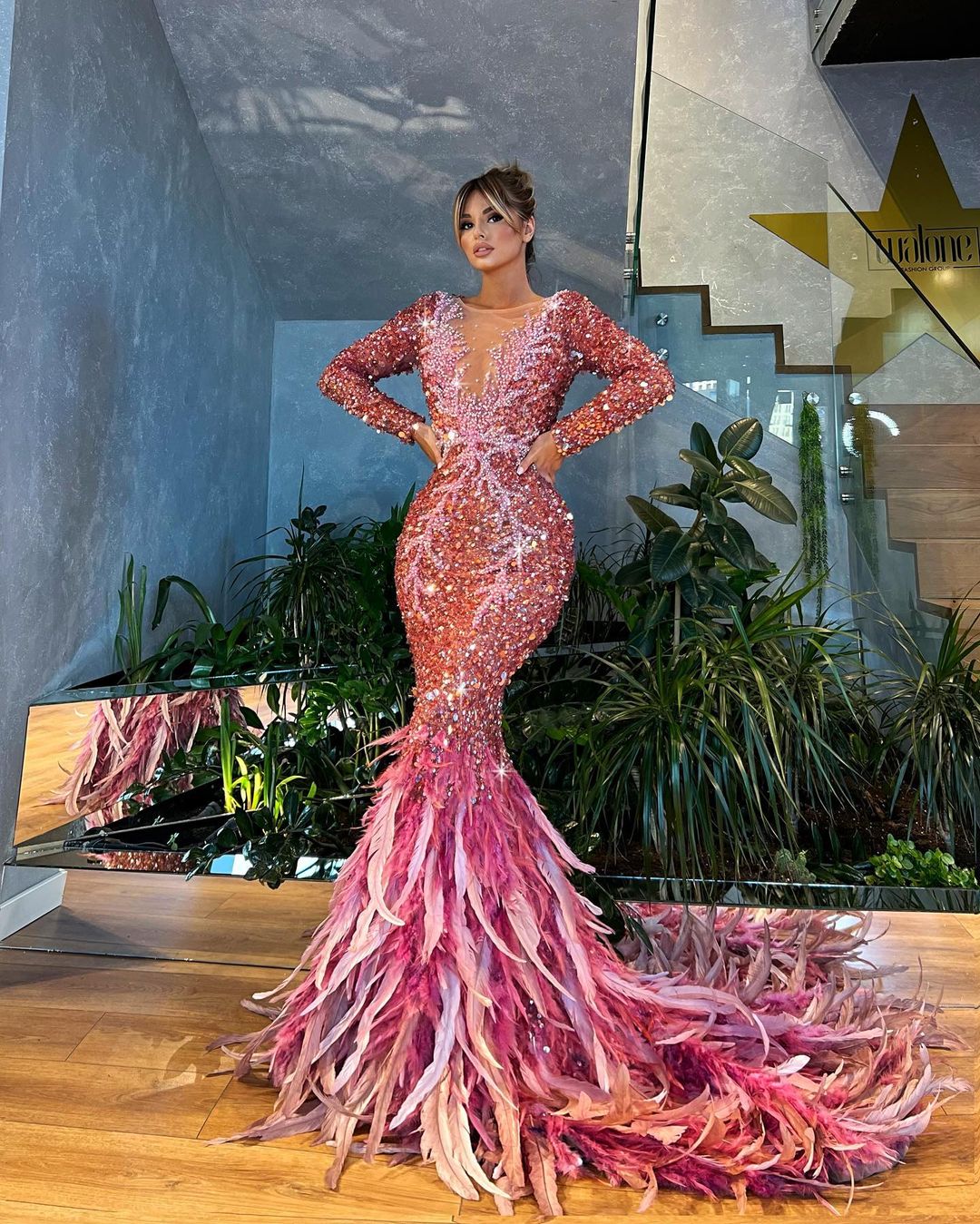 Long Pink Embellished Dress with Feathered Tail Long Pink Embellished Dress with Feathered Tail