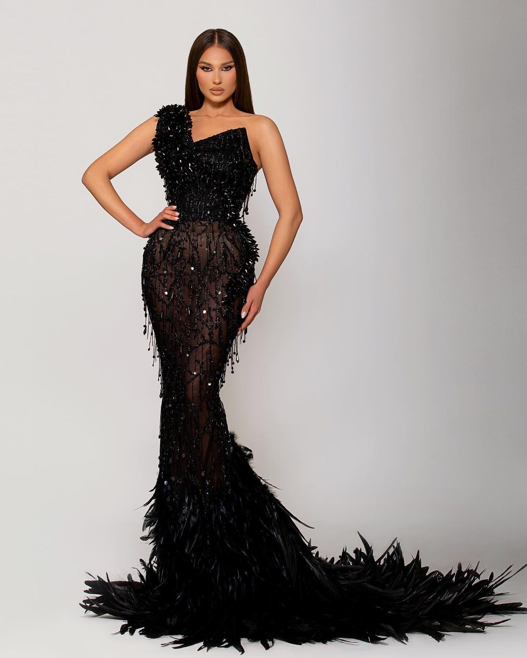 One Shoulder Black Tassel Dress with Feathered Train M One Shoulder Black Tassel Dress with Feathered Train M