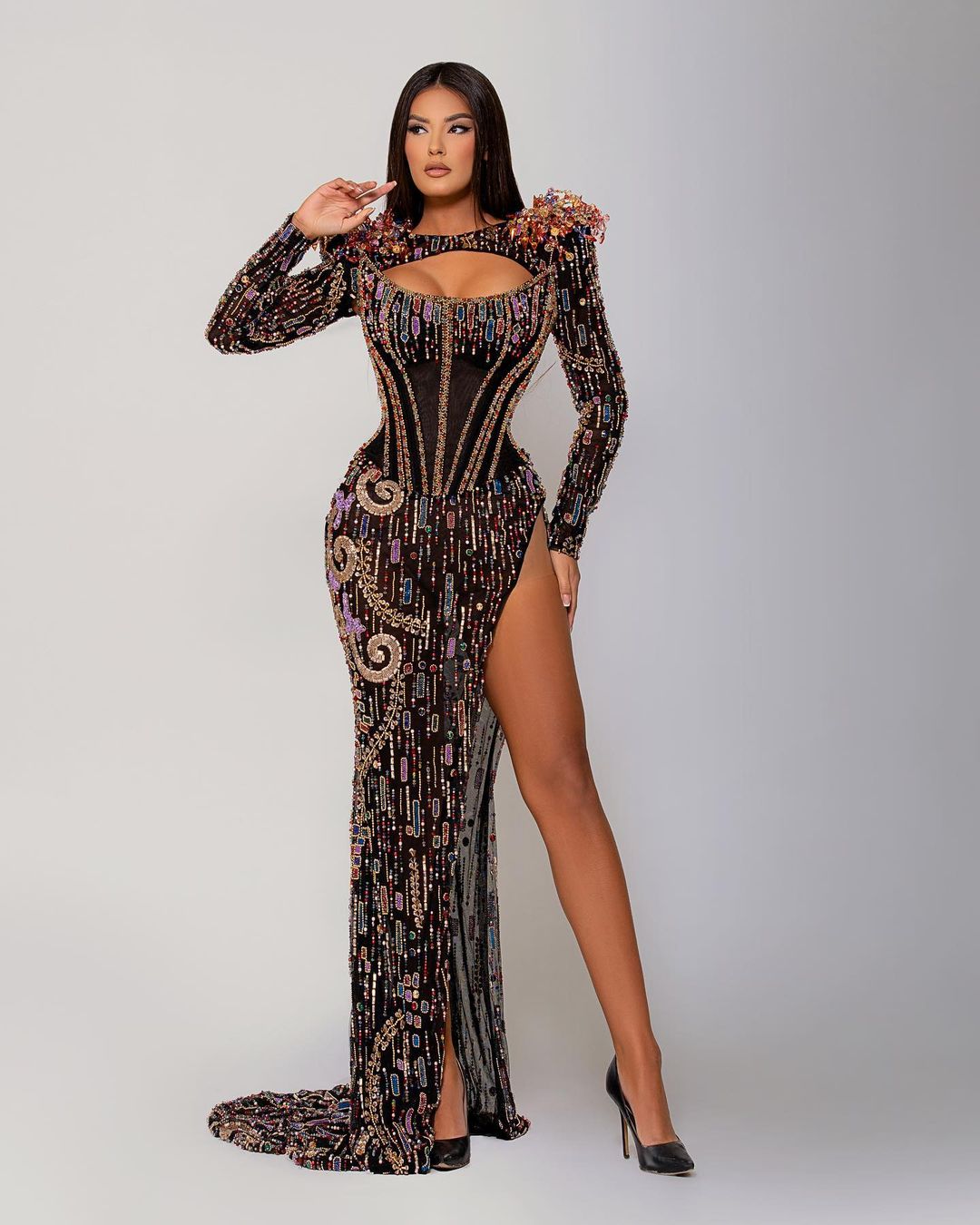 Boned Corset Black Embellished Dress with Side Slit XL Boned Corset Black Embellished Dress with Side Slit XL