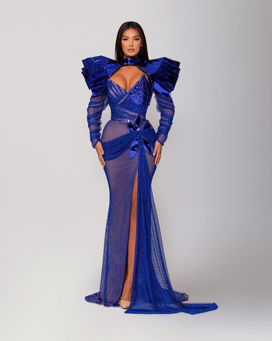 Puff Shoulders Royal Blue Crystal Mesh Dress – Walone LLC
