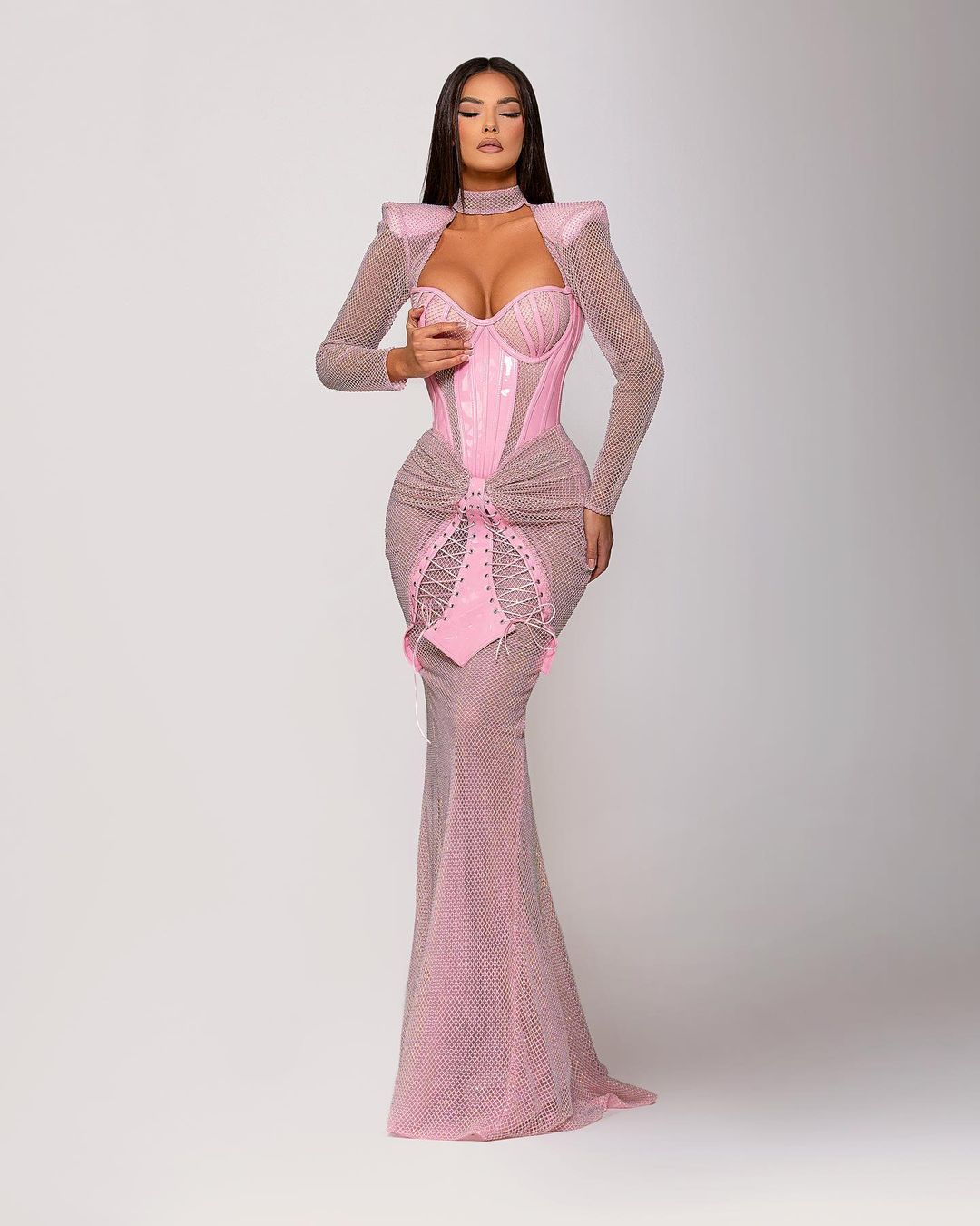 pink dress with mesh sleeves Crystal Mesh Pink Dress with Lace Up Corset Skirt – Walone LLC