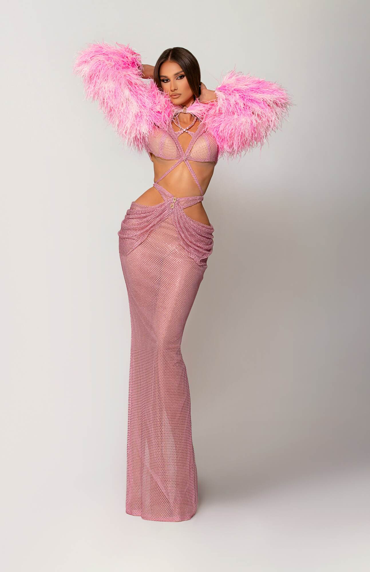 Hot Pink Cut-Out Dress with Feathered Sleeves  Walone LLC