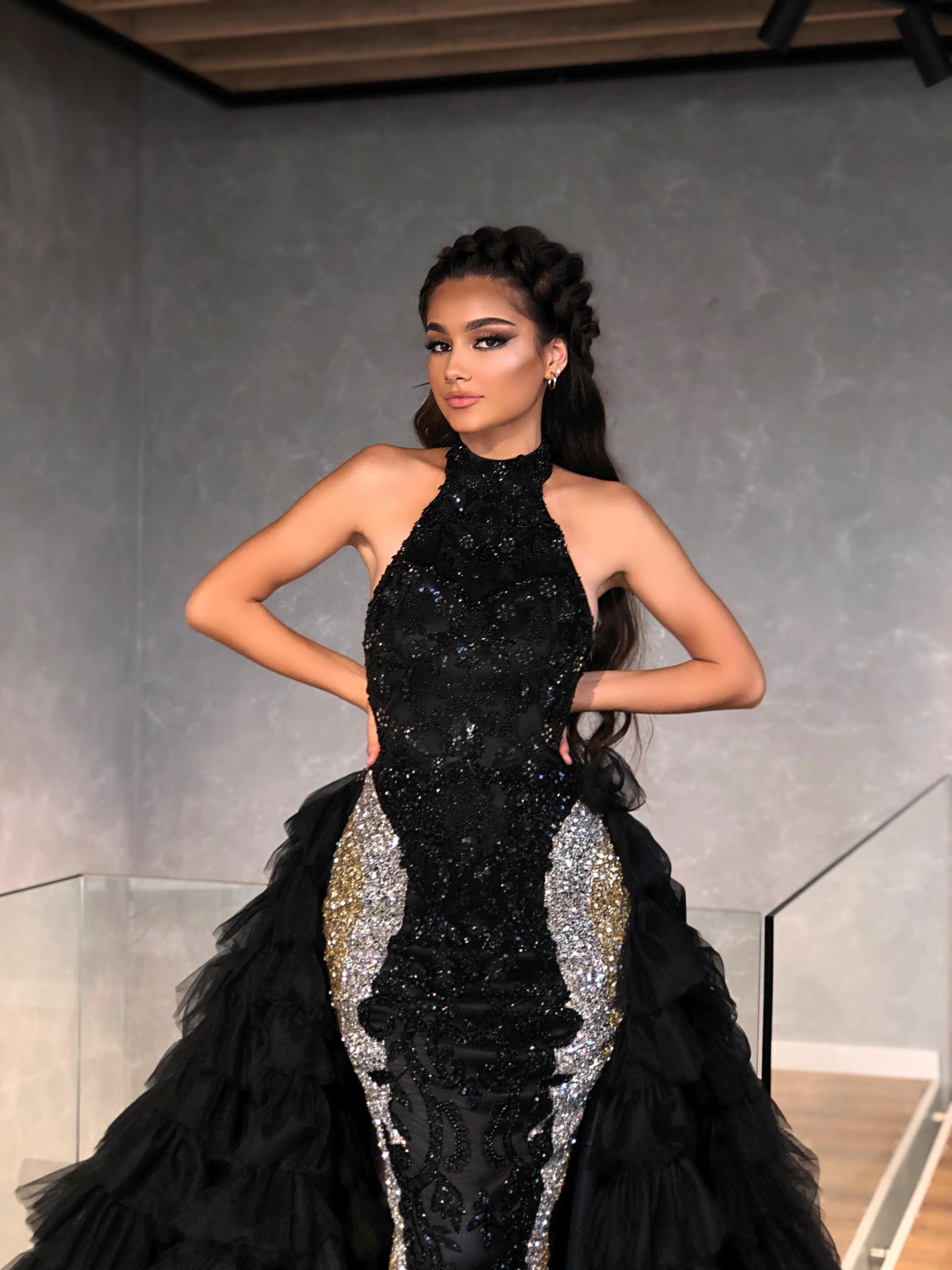 Halter Black Dress with Silver Embroidery & Tulle Train Walone LLC Halter Black Dress with Silver Embroidery & Tulle Train Walone LLC